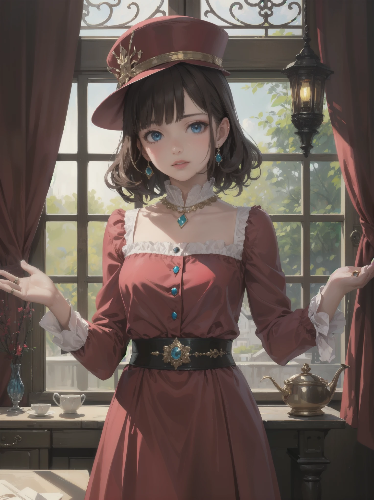 (((( best quality, masterpiece )))), ultra-detailed illustration, realistic, colorful
BREAK.
1girl, solo, outstanding looks, beautiful, bangs, brown hair, curly hair, red lips, medium hair, blunt bangs, aquamarine blue eyes,
BREAK
Bold poz, Cute poz, Embarrassing, Upward glance,
BREAK
Cosplay costume, rings, jewelry, earrings, ribbons, , hair ribbons, shirt, buttons, hat, red dress, dress, long sleeves
BREAK
Otherworldly Fantasy World View, Lamp, Indoors, Blurred Background, Kettle, Curtain, Raising Hand, Looking At Viewer, Distant, Window,