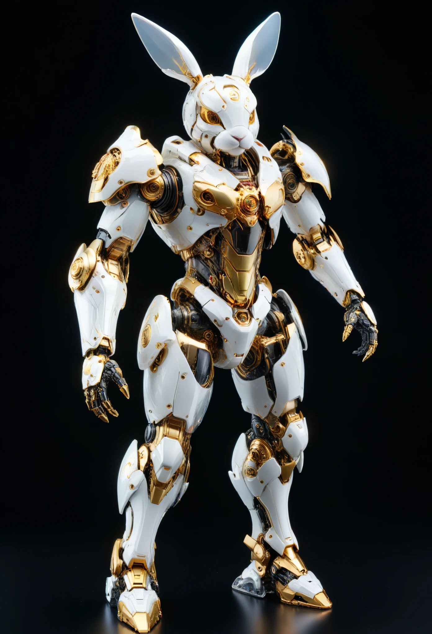 (full body shot:1.5), (full view:1.5), personification,Against a pure black background, a white and gold rabbit transparent mecha stands on the ground in a combat posture,Exquisite white transparent glass mechanical armor, metal mechanical mask, precision luminous electronic eye,(Complex and precise internal structure:1.2), Exquisite and complex gold mecha textures, (gold mechanical line:1.2), NJRS
