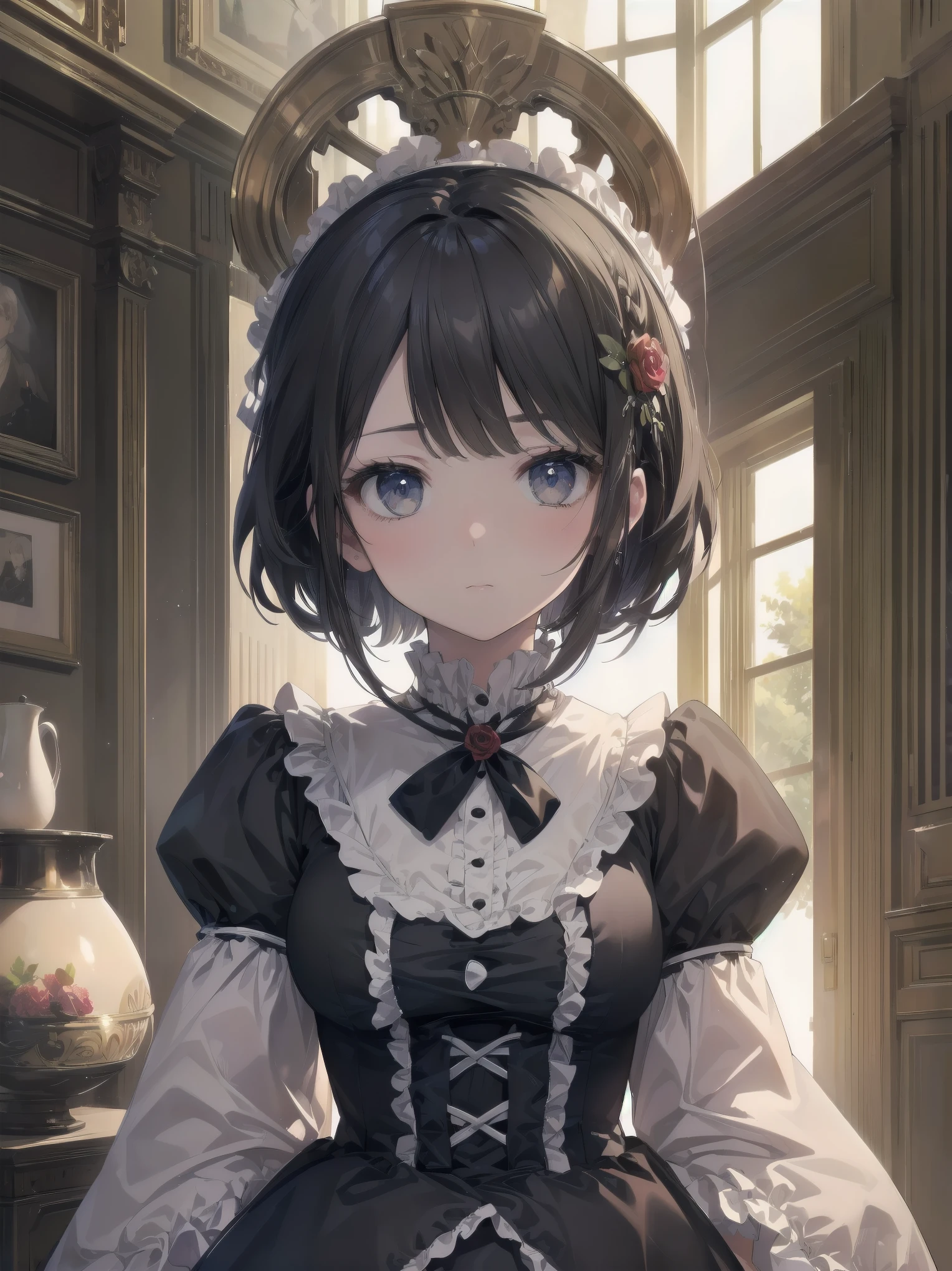 (highest quality、16K、masterpiece、ultra high resolution、Victorian era、Photoreal:1.2)、cowboy shot、One length bob cut braided hair clip with front drop、brand uniform cute、clear、 Tsundere、heroine attributes