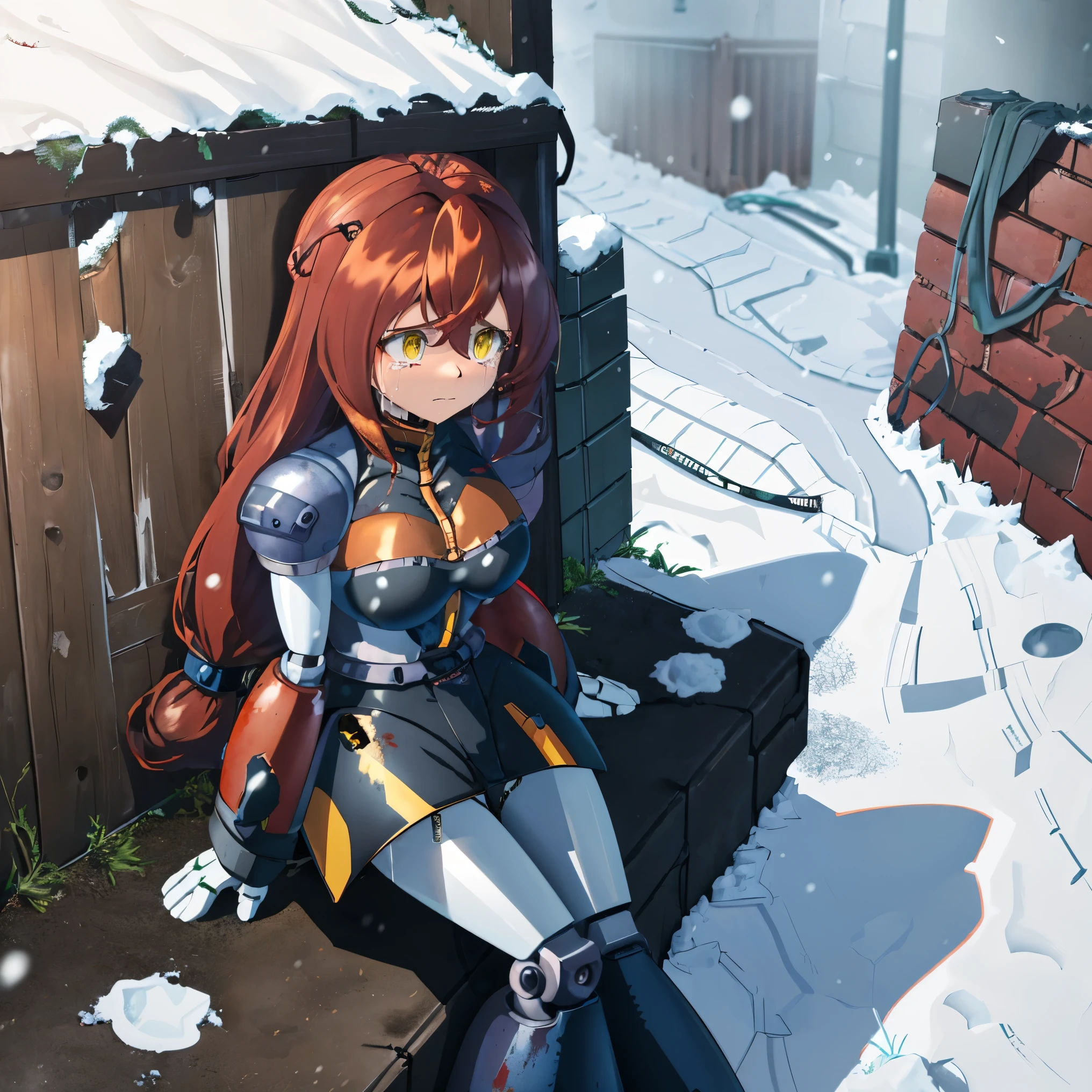 A female (average complexion,muscular,long curly red hair) is locked in a bulky mech suit making her look as character N from Murder Drones. She hides in an alley as she doesn’t know how she’s wearing the suit. (Best quality, ultra High Definition, 4k, extremely detailed) a Red head girl is huddled in an alley way, crying as she looks upon the armor she’s trapped in. The armor, with battle damage and worn paint, looks like robot N from the Tv series Murder Drones. The girls body is encased in the suit, with a black bomber jacket and black 70’s undershirt-style armor sitting ontop. A metallic gas mask-like armor is stuck to her face, unable to be removed and sealing her face inside, only showing her eyes. Long black treaded robot boots are encasing the girls’ legs. She looks upon this (black and yellow) outfit with confusion, as she has no idea how this armor came to be on her. She has tears in her eyes, as her red hair drapes over the armor, the curls making the hair look more full. The alley in which she hides gives off a cold feeling, as snow blankets the ground, with grey decrepit brick buildings up and down the perpendicular street. Heavy fog is coming in, with snowfall starting to cover the girl and surrounding abandoned buildings.