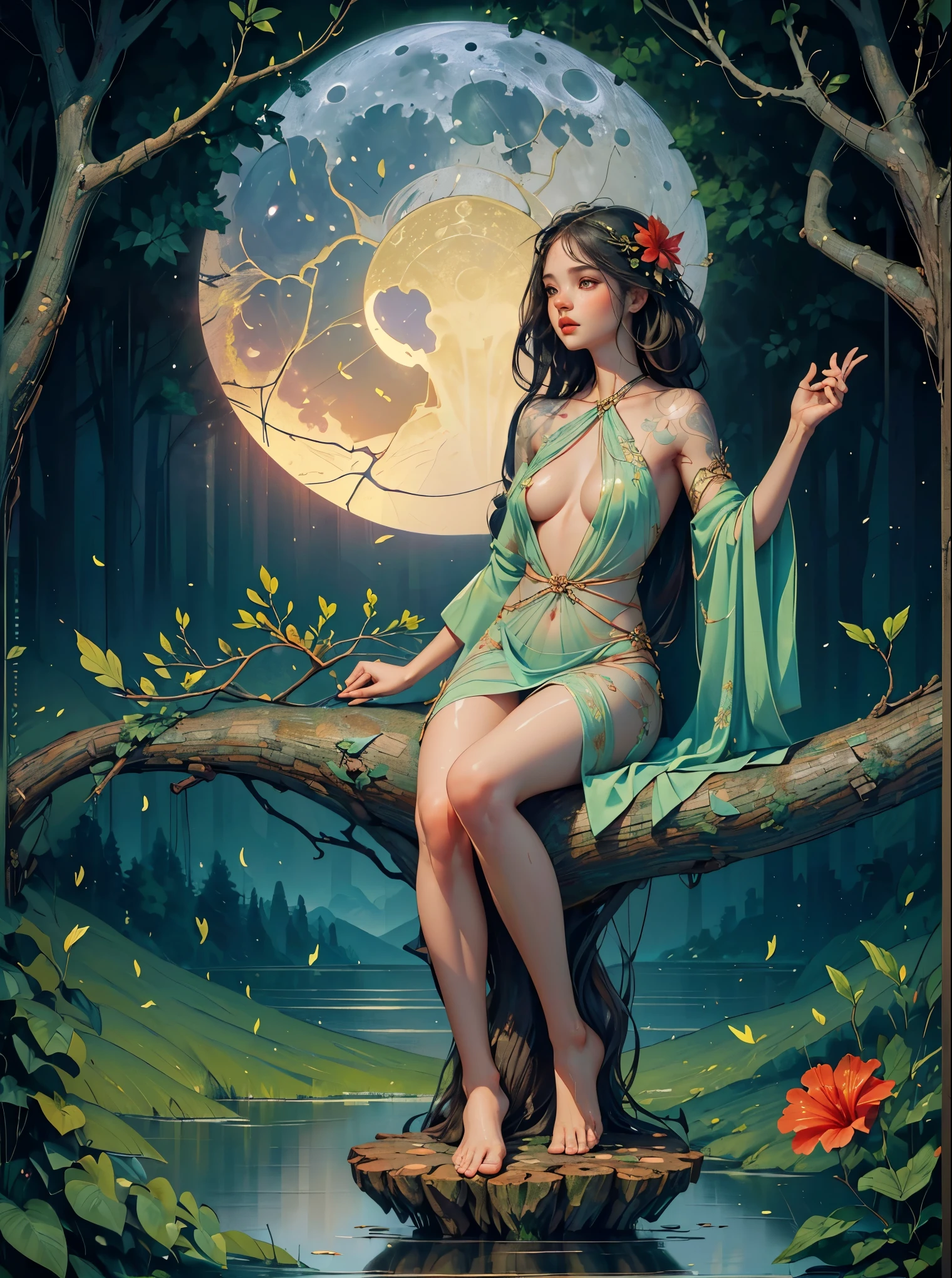 (realistic: 1.3) (original: 1.2), masterpiece, best quality, ((hibiscus flower blooming on a gnarled branch on a gray background)), fractal mandala background, poetic intimacy. colorful, beautiful naked forest goddess, expressive eyes, perfect face, highly detailed, high resolution, exy girl dressed in forest, flowers, leaves, mandalas, fractal, girl in the forest, forest goddess, ((old antique clock floating )), ((lamp hanging from the tree)), ((full body)), black hair fused with gold, exaggeratedly long hair, hair blown by strong wind, ((transparent clothing)), ((exposed breasts)), ( (transparent open top)), mandala and flower tattoos, illustration, very delicate and beautiful, very detailed, CG, Unity, 8k wallpaper, huge file size, very wide lens, soft lighting, slight smile, (( transparent clothing showing naked body)), ((well detailed eyes looking up)), ((Latin girl sitting on tree trunk)), oil painting, Latin tanned skin, ((full moon night sky )), ((falling autumn leaves)), ((girl looking at an old clock)), nsfw,(( Felicity Jones)), (sensual), (Extremely beautiful), (erotic:1.2), (sublime: 1.0 ), (Extremely sensitive: 1.0), (wise and understanding: 1.2), nsfw, sfw, ((skin wet with water)), ((feet stepping on grass)), ((girl sitting on tree trunk, feet stepping on grass)), blushing face, lantern, fog, mystery and fantasy, ((reflection of full moon in a distant lake)), distant mountains, wlop style,