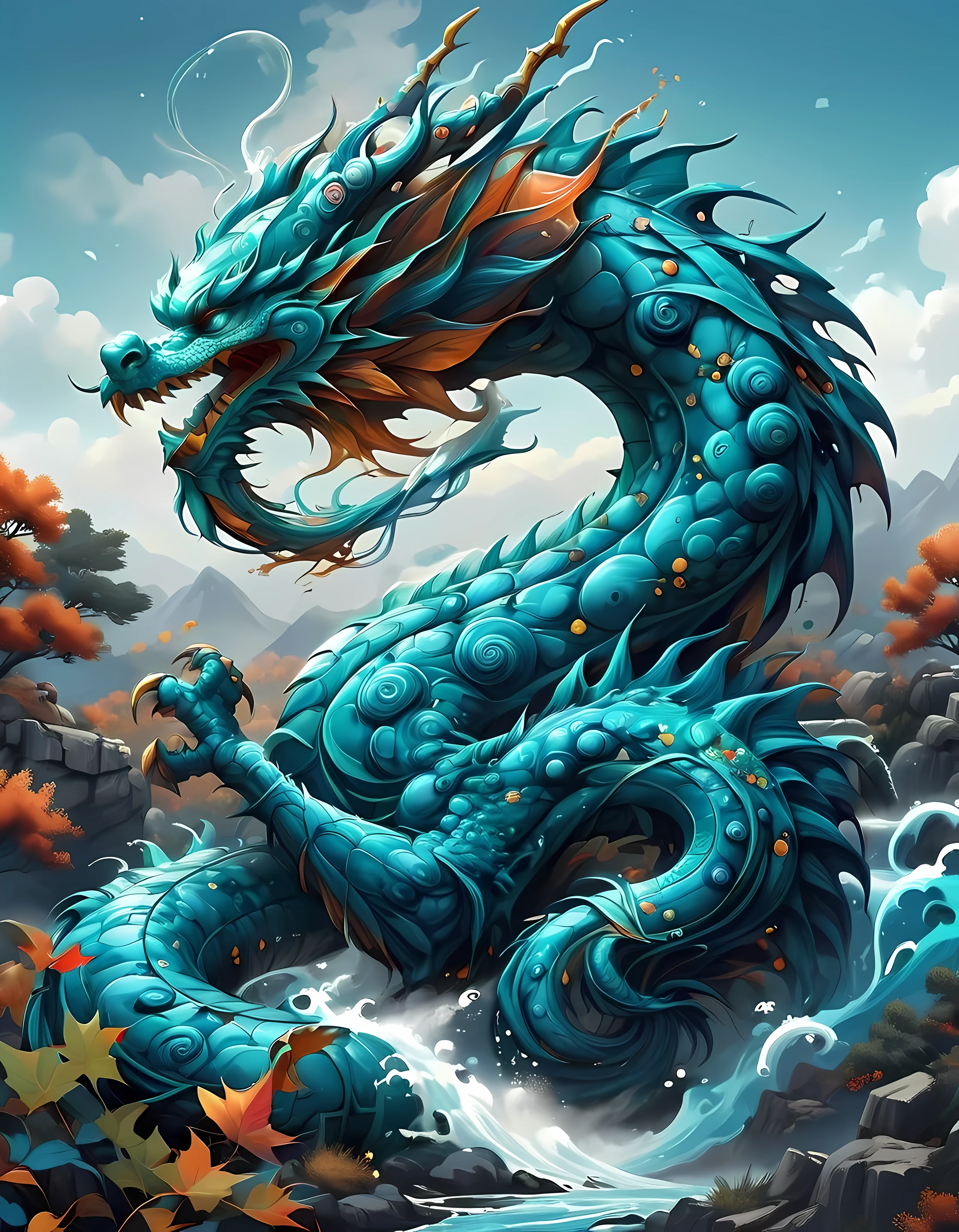 China，dragon，fall，wallpaper design，natural scenery，fall，myth，majesty，China文化，dragon，fall上方，majesty，strength，background，navy blue， turquoise，mystery，Dream，aesthetics，realism，Chinapunk style，传统China文化，Modern design elements，charming，Visual effect，Dream幻的世界，lifelike，realism，HD，Carefully crafted，Artistic effects。
