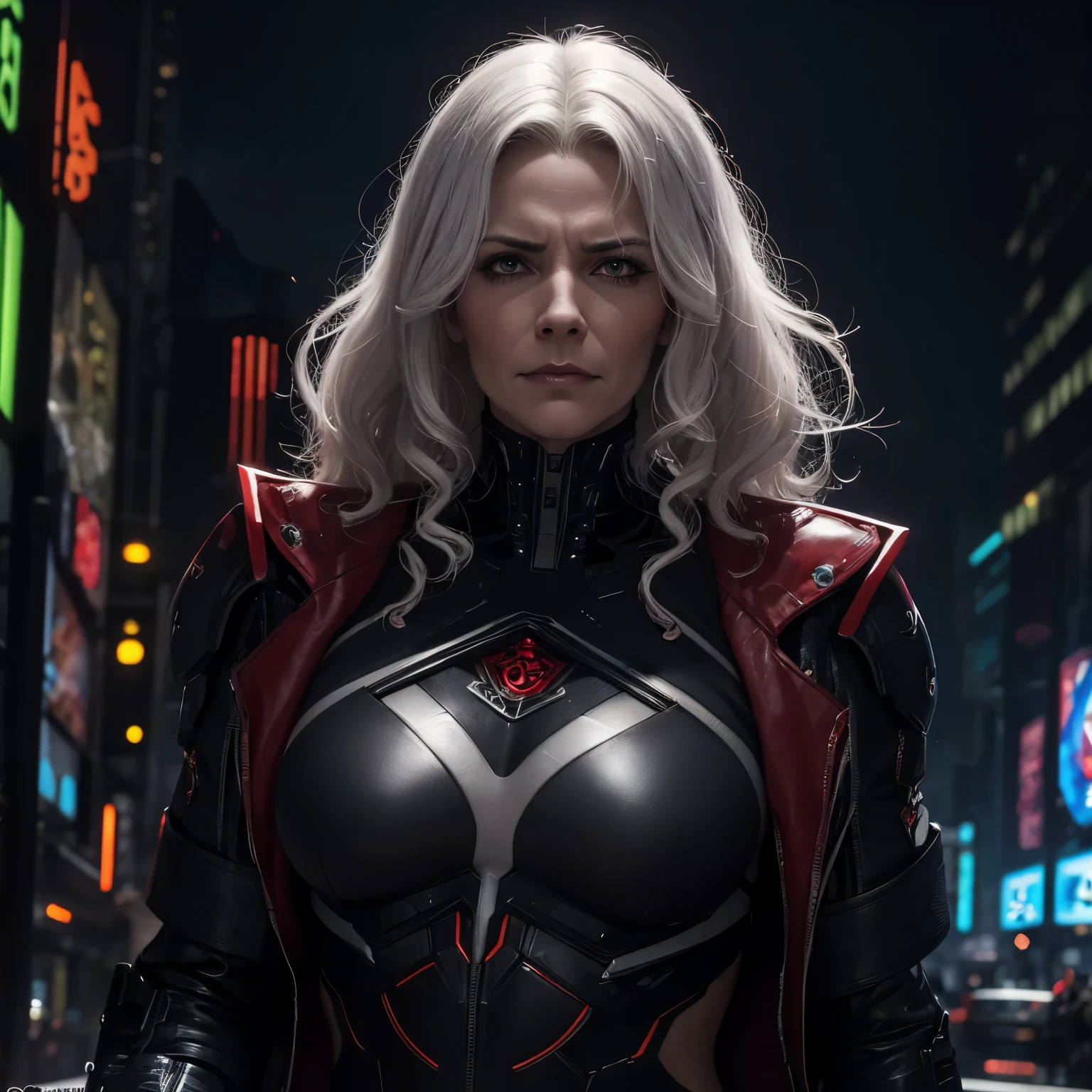 Realistic portrait image of a muscular and strong 50 years old adult woman with white curly hair wearing a crimson black suit with an evil and malicious expression preparing to kill in a cyberpunk city at night, cidade macabra, cidade cyberpunk noturna sobrenatural, rugas suaves no rosto, marcas de idade, terno estranho, mulher idosa, Estilo cyberpunk, visto da cintura para cima, Foto realista, 4k, extreme resolution, ultra high resolution, dynamic lighting, personagem realista