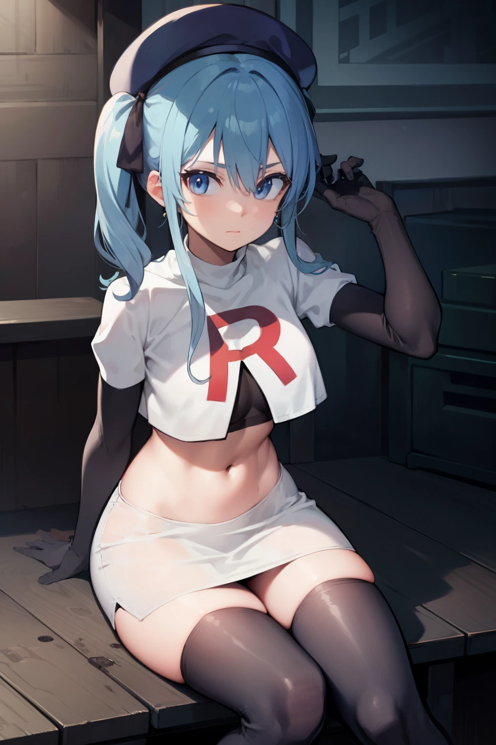 hoshimachisuisei, suisei hoshimachi, blue eyes, blue hair, choker, hair between eyes, medium hair, side ponytail,
BREAK beret, grey headwear, hat,jewelry, team rocket,team rocket uniform, red letter R, white skirt,white crop top,black thigh-highs,black elbow gloves
BREAK looking at viewer,
BREAK (masterpiece:1.2), best quality, high resolution, unity 8k wallpaper, (illustration:0.8), (beautiful detailed eyes:1.6), extremely detailed face, perfect lighting, extremely detailed CG, (perfect hands, perfect anatomy),