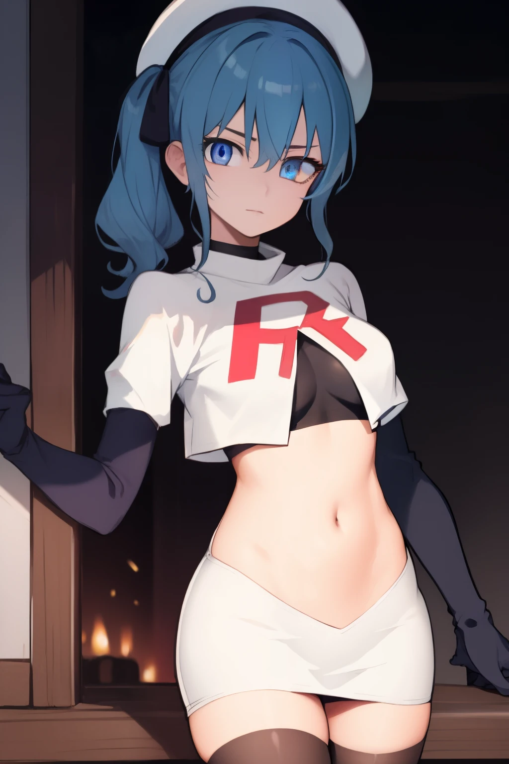 hoshimachisuisei, suisei hoshimachi, blue eyes, blue hair, choker, hair between eyes, medium hair, side ponytail,
BREAK beret, grey headwear, hat,jewelry, team rocket,team rocket uniform, red letter R, white skirt,white crop top,black thigh-highs,black elbow gloves
BREAK looking at viewer,
BREAK (masterpiece:1.2), best quality, high resolution, unity 8k wallpaper, (illustration:0.8), (beautiful detailed eyes:1.6), extremely detailed face, perfect lighting, extremely detailed CG, (perfect hands, perfect anatomy),