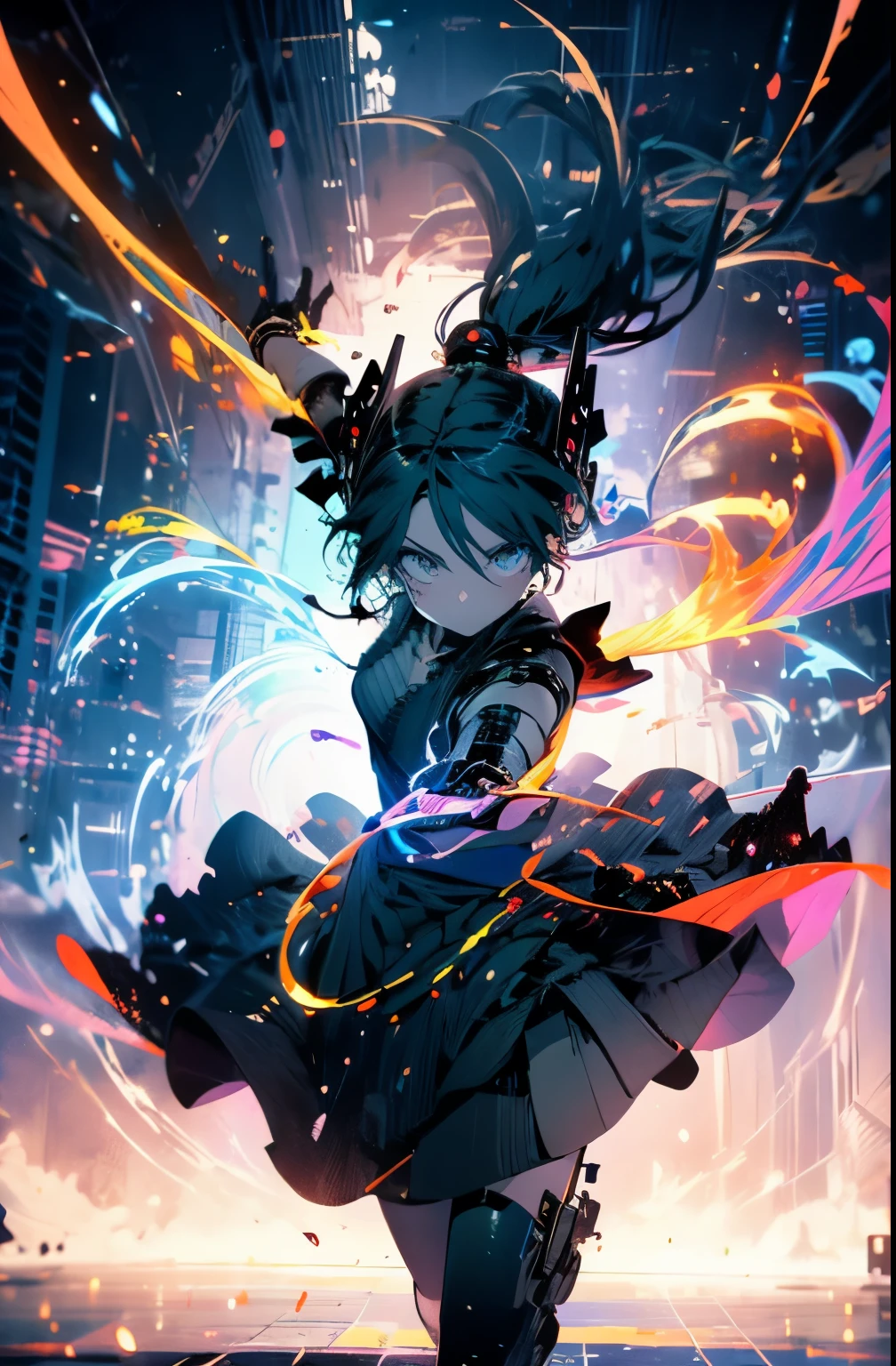 ((master piece)), (best quality), (cinematic),  Hatsune Miku，cyber punk，１people，neon，