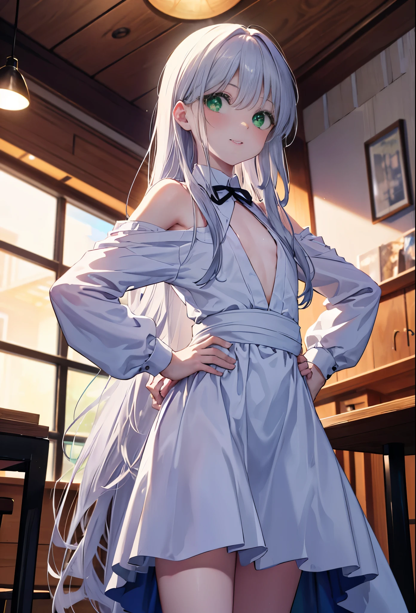 index, index, (green eyes:1.5), silver hair, long hair, (flat chest:1.2),smile,blush,bossy,she was wearing a maid&#39;s long skirt, white stockings on her legs,put both hands on hips,stand in honor,bare shoulders,look up from below,There&#39;there is a lot of food on the table, 　break looking at viewer, Upper body, whole body, break indoors, restaurant,viking, break (masterpiece:1.2), highest quality, High resolution, unity 8k wallpaper, (shape:0.8), (fine and beautiful eyes:1.6), highly detailed face, perfect lighting, Very detailed CG, (perfect hands, perfect anatomy),