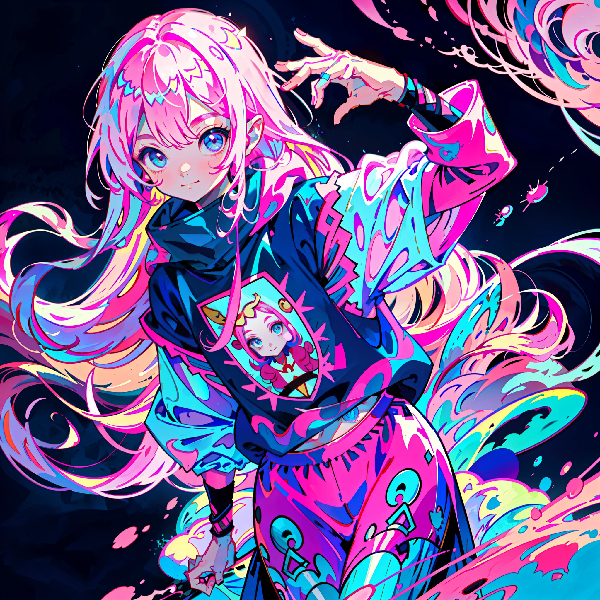 pink long hair girl, cute, cool pose, selfie, masterpiece, very detailed, highest quality, sharp focus, soft lighting, Limited color palette, pastel colour, cute, ((cute)), black skin,
(Panchen: 1.3), smile, alone,
dark brown hoodie, blue shorts,
pink eyes, (pink hair: 0.6), (blue hair: 0.8), (gradient hair: 0.6), short hair, Bratis,elf