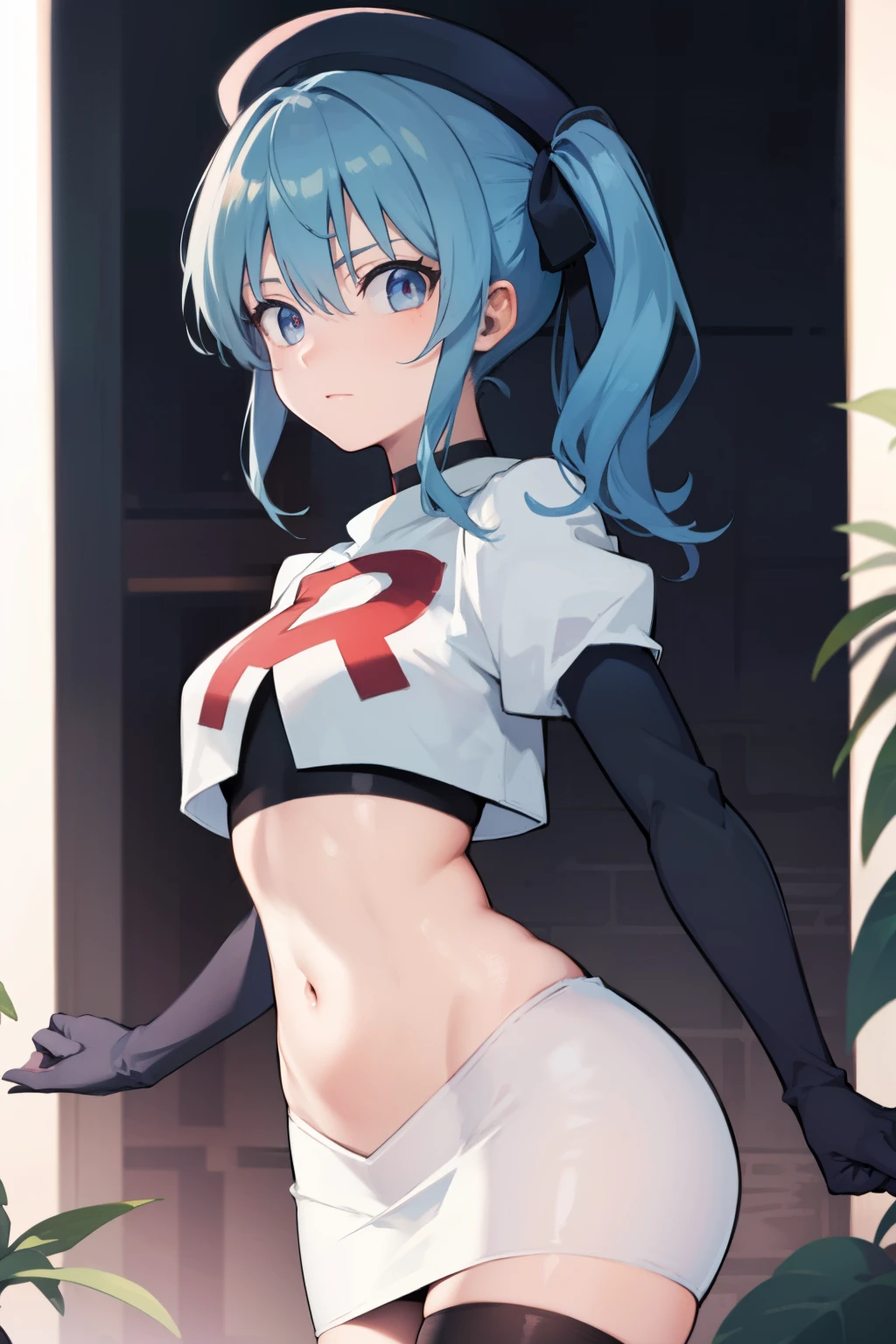 hoshimachisuisei, suisei hoshimachi, blue eyes, blue hair, choker, hair between eyes, medium hair, side ponytail,
BREAK  beret, grey headwear, hat,jewelry, team rocket,team rocket uniform, red letter R, white skirt,white crop top,black thigh-highs,black elbow gloves
BREAK looking at viewer,
BREAK (masterpiece:1.2), best quality, high resolution, unity 8k wallpaper, (illustration:0.8), (beautiful detailed eyes:1.6), extremely detailed face, perfect lighting, extremely detailed CG, (perfect hands, perfect anatomy),