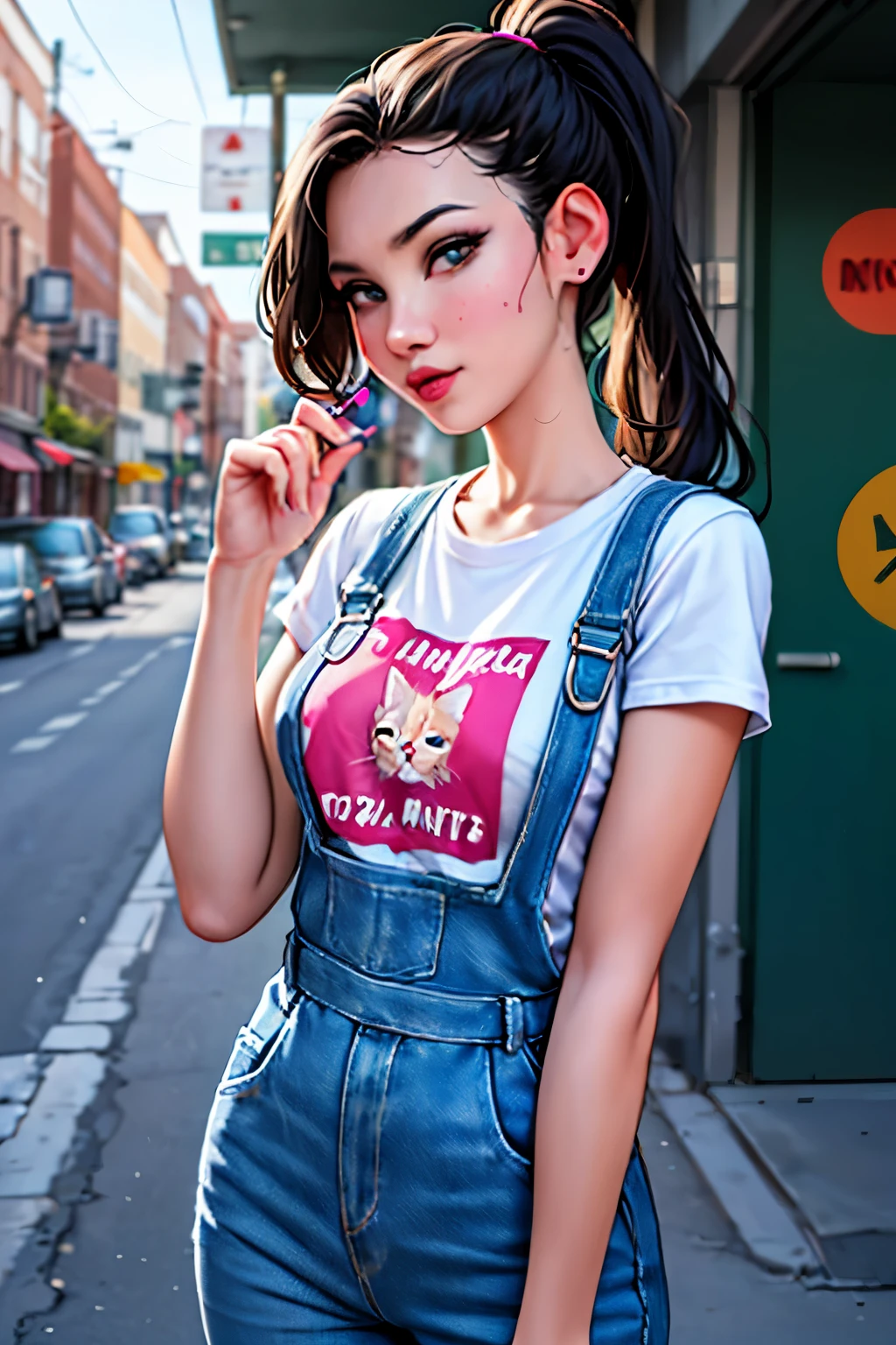 a photo of pho3b3cat3s, beautiful woman, ((24 years old)), street, tshirt, denim overalls, 1980s, retro, long wavy dark hair ponytail, (masterpiece), (extremely detailed CG unity 8k wallpaper), Intricate, ((photorealistic)),