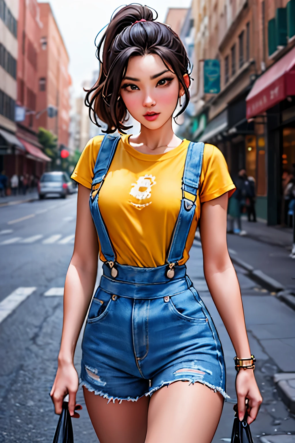 a photo of pho3b3cat3s, beautiful woman, ((24 years old)), street, tshirt, denim overalls, 1980s, retro, long wavy dark hair ponytail, (masterpiece), (extremely detailed CG unity 8k wallpaper), Intricate, ((photorealistic)),