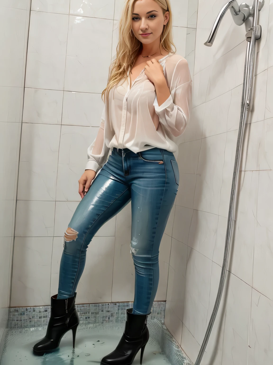 (wide flares on jeans:1.2), (Water-soaked clothing:1.17), (Best Quality,high resolution,bokeh:1.2),two woman,Pronounced wrinkles,platinum blonde hair,((very short frizzy Blunt Textured bob haircut)),Detailed eyes and face,white blouse,(standing:1.0),(big smile), Posing, standing in a shower, SoakingWetClothes, ((black high heel pumps)), ((show heels)), jeans are wrinkled from wetness, (((wet hair))) , water pouring through clothes and hair