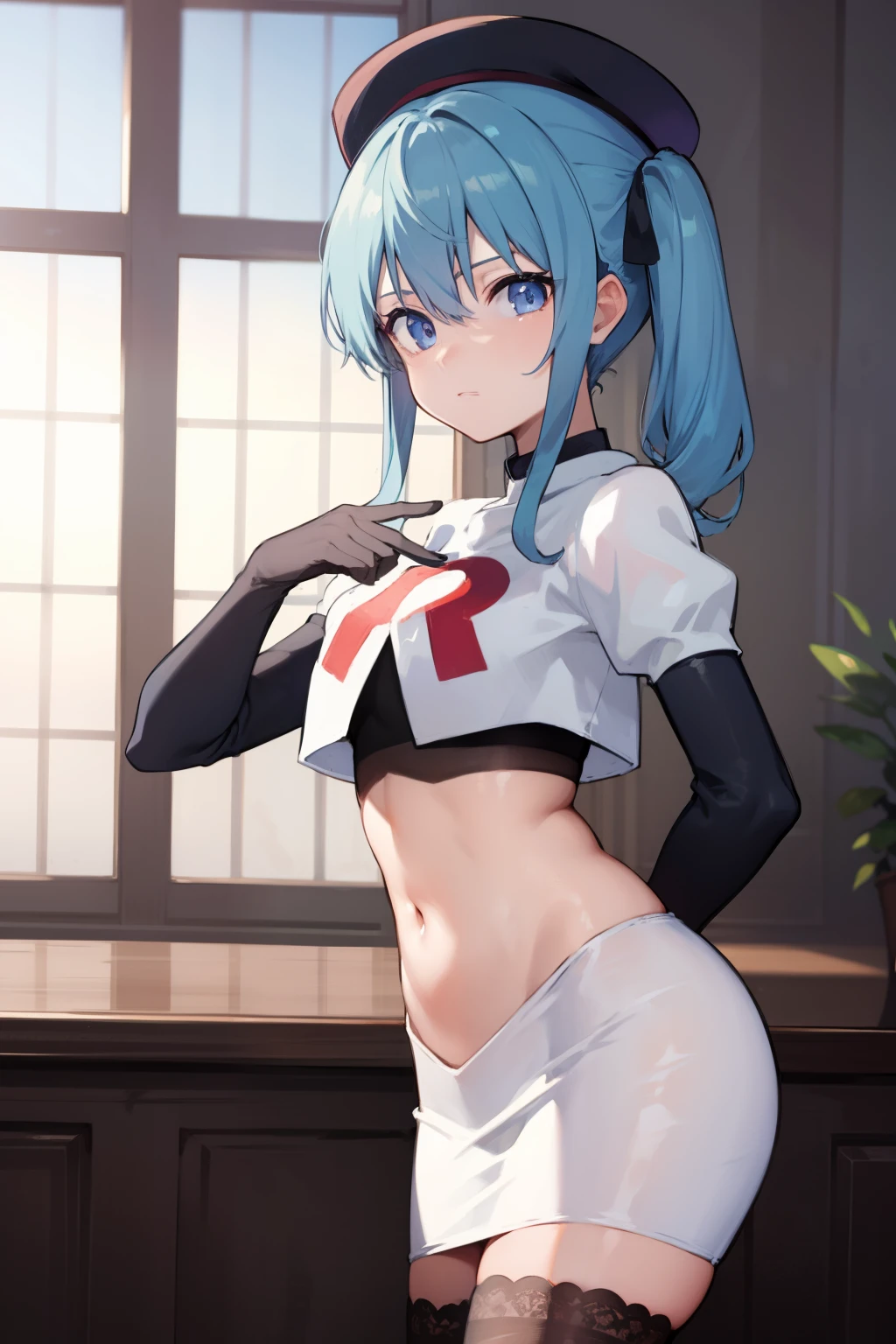 hoshimachisuisei, suisei hoshimachi, blue eyes, blue hair, choker, hair between eyes, medium hair, side ponytail,
BREAK beret, grey headwear, hat,jewelry, team rocket,team rocket uniform, red letter R, white skirt,white crop top,black thigh-highs,black elbow gloves
BREAK looking at viewer,
BREAK (masterpiece:1.2), best quality, high resolution, unity 8k wallpaper, (illustration:0.8), (beautiful detailed eyes:1.6), extremely detailed face, perfect lighting, extremely detailed CG, (perfect hands, perfect anatomy),