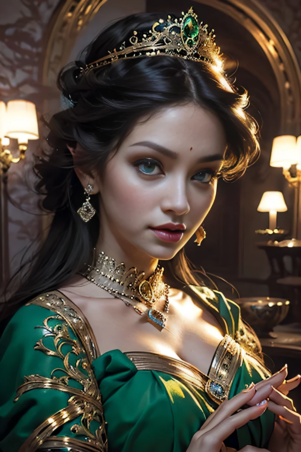 Very beautiful princess face portrait zoom sexy sexy sexy bright crystal eyes green bright hyper realistic super detailed, (((long shot))), castle livingroom background,,