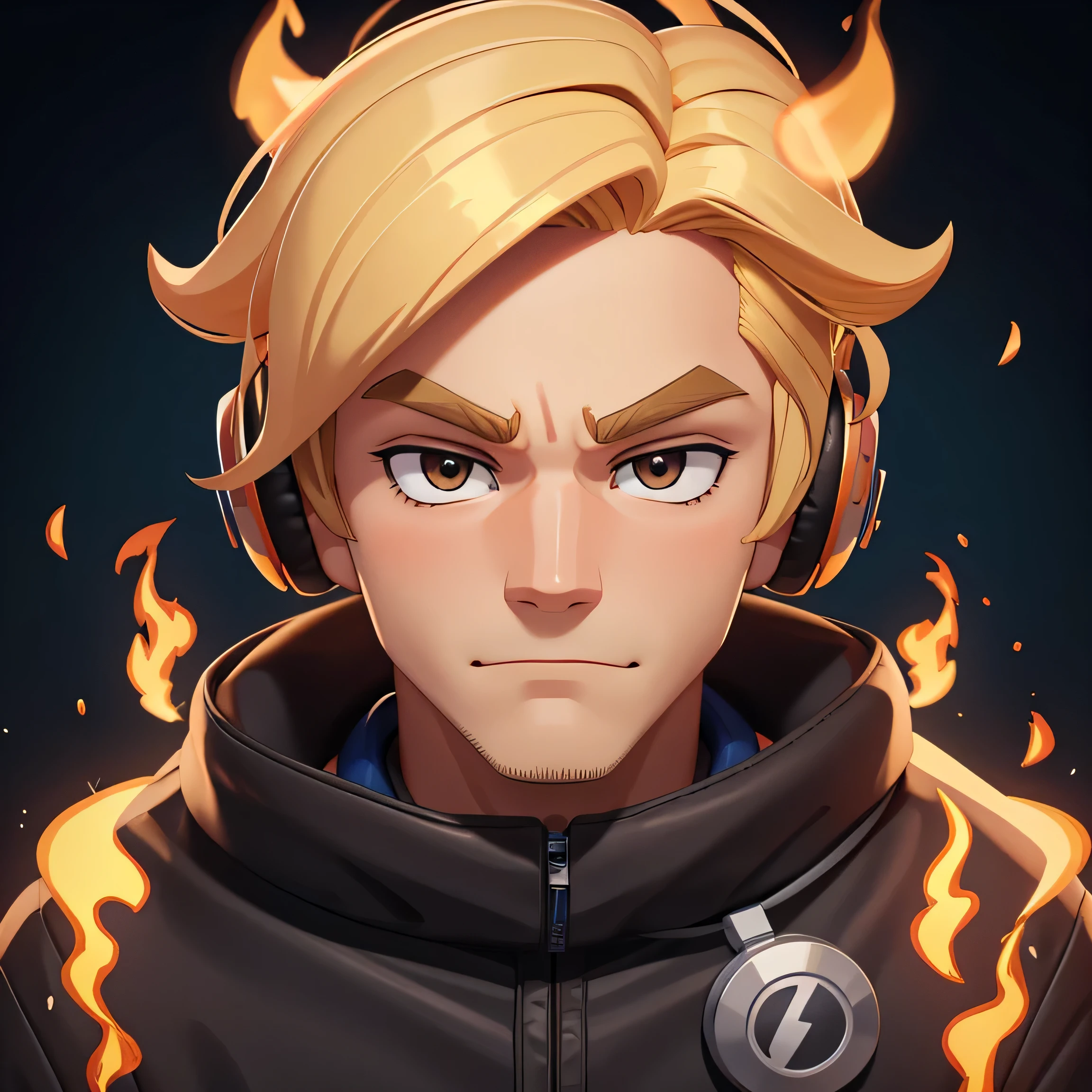 GENERATE A FACE OF MAN WITH HEADPHONES WITH BLONDE HAIR with flames around in cartoon style with brown eyebrow
