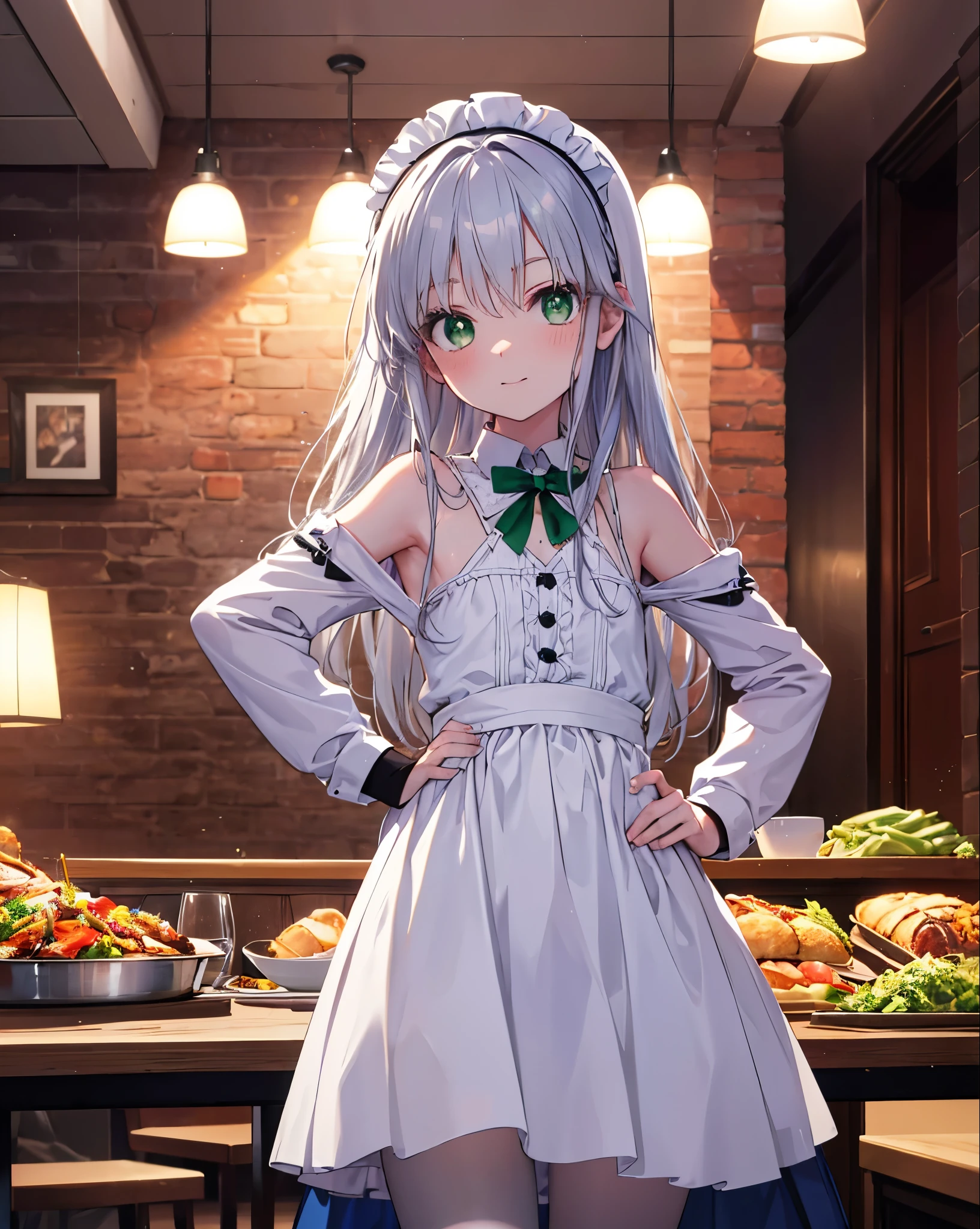 index, index, (green eyes:1.5), silver hair, long hair, (flat chest:1.2),smile,blush,bossy,she was wearing a maid&#39;s long skirt, white stockings on her legs,put both hands on hips,stand in honor,bare shoulders,look up from below,There&#39;there is a lot of food on the table, break looking at viewer, Upper body, whole body, break indoors, restaurant,viking, break (masterpiece:1.2), highest quality, High resolution, unity 8k wallpaper, (shape:0.8), (fine and beautiful eyes:1.6), highly detailed face, perfect lighting, Very detailed CG, (perfect hands, perfect anatomy),