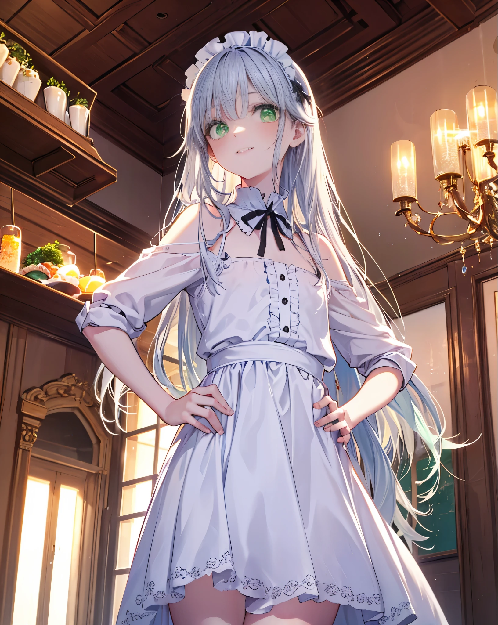 index, index, (green eyes:1.5), silver hair, long hair, (flat chest:1.2),smile,blush,bossy,she was wearing a maid&#39;s long skirt, white stockings on her legs,put both hands on hips,stand in honor,bare shoulders,look up from below,There&#39;there is a lot of food on the table, break looking at viewer, Upper body, whole body, break indoors, restaurant,viking, break (masterpiece:1.2), highest quality, High resolution, unity 8k wallpaper, (shape:0.8), (fine and beautiful eyes:1.6), highly detailed face, perfect lighting, Very detailed CG, (perfect hands, perfect anatomy),