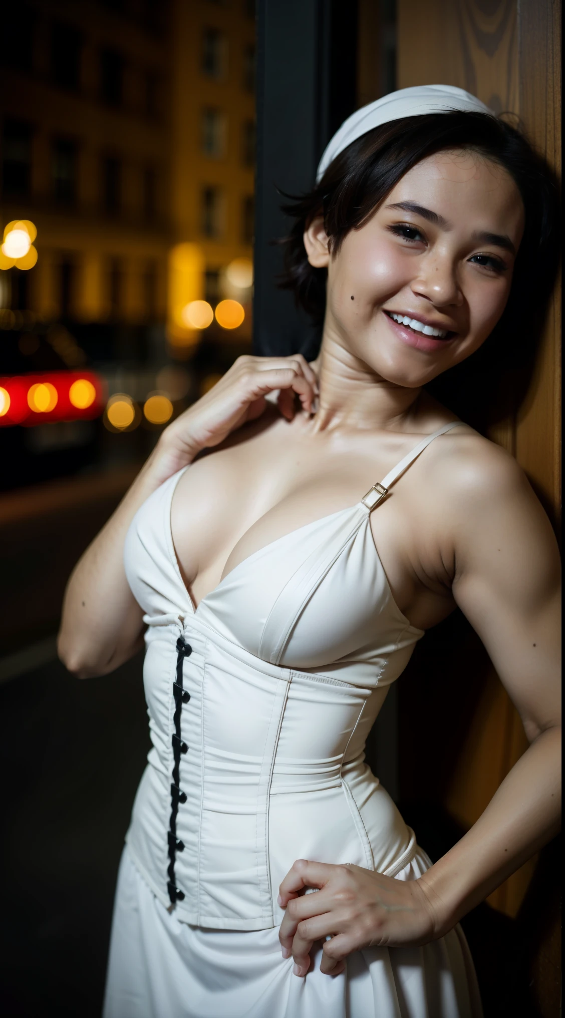 Malay girl, very short white hair with head scarf, wear white Corset and long Dress, corset, laughing and posing with hand on hip, front view, windy, detail skin, age spot, detail skin texture, mole below eyes, small breast, flat chest, wide hips, small waists, thick thighs, slim abs, beautiful body, nighttime, laughing, happy, bright lighting, living room, blur background, bokeh,