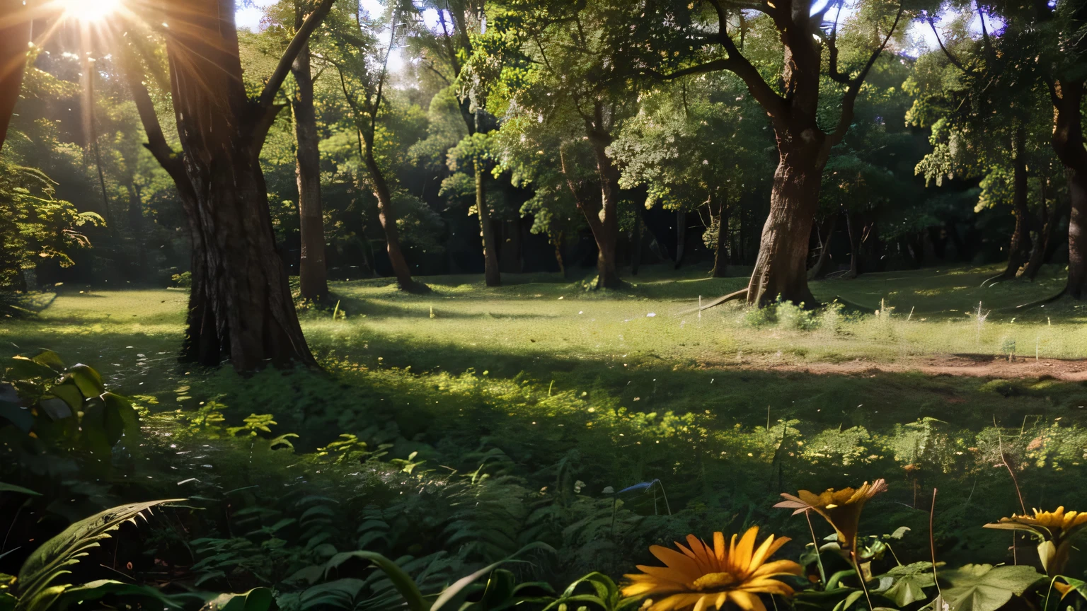 A forest lit by the summer sun, com flores, borboletas e um riacho.
