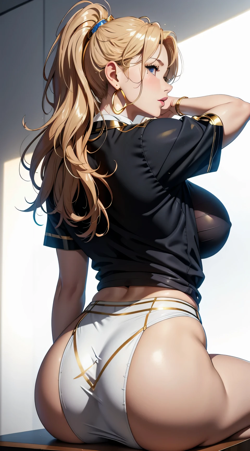 (best quality:1.5, highres, UHD, 4K, detailed lighting, shaders), gold wavy hair, gradient hair, large breasts, white shirt, skirt stretch, mature woman , (pov), white background, colorful eyeshadow, dramatic lighting, sparkling eyes, sensual expression, golden earrings, flowing hair, delicate facial features, soft skin, high cheekbones, urban setting, white background, sitting squatting with legs wide open), view from behind.