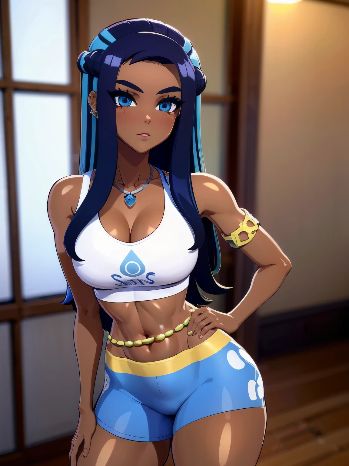 (8k, RAW photos, top quality, masterpiece: 1.2), (High Quality), ray tracing, HDR, (High Details), (Face detail), (Shadow Detail), (amplected), stylized blush, 3d, 3d render, 1girl, solo, masterpiece, best quality, high quality, highres, 4K, lips, makeup, beautiful eyes, woman, detailed, cleavage, thick thighs, 1girl, solo, masterpiece, best quality, high quality, highres, 4K, Nessa_Pokemon, 1girl, solo, dark skin, blue eyes, black hair, blue hair, two-tone hair, shorts, crop top, jewelry, necklace, earrings, belly chain, armlet, midriff,
