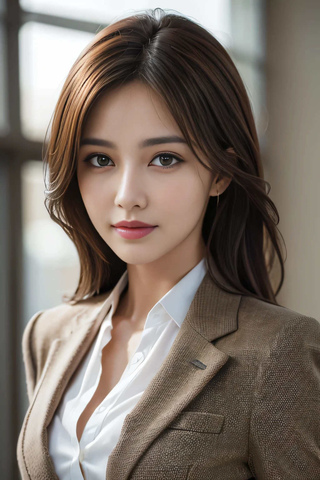 table top, highest quality, realistic, Super detailed, finely, High resolution, 8k wallpaper, 1 beautiful woman,, light brown messy hair, wearing a business suit, sharp focus, perfect dynamic composition, beautiful and detailed eyes, thin hair, Detailed realistic skin texture, smile, close-up portrait, model body shape