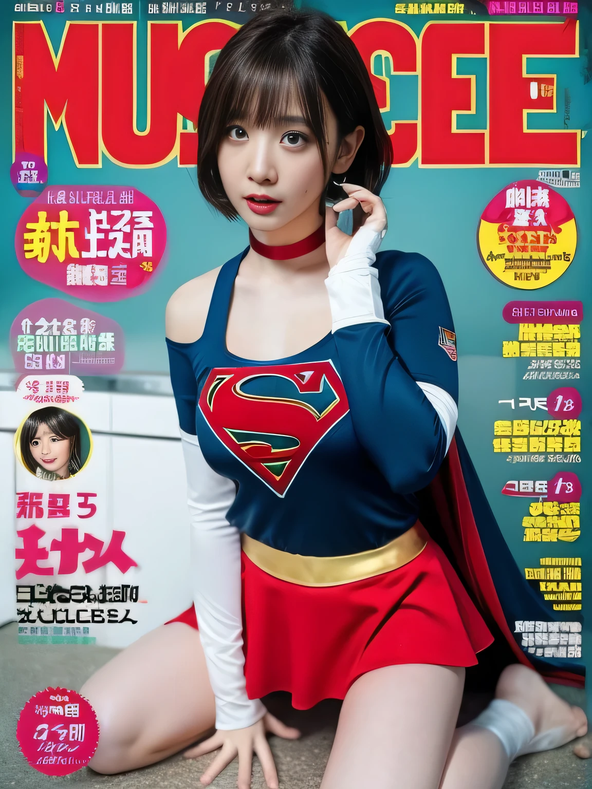 masterpiece、supergirl costume、short hair、barefoot、big and full breasts、Crisis situation、operating room、operating table、straddle、Sweat、shiny、look at the camera、provoke、Estrus、choker、Weekly magazine cover、long sleeve、red mini skirt、obscene pose、Seduce、