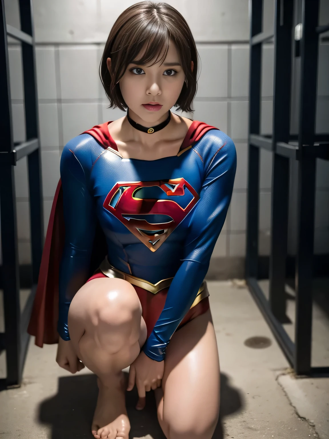 masterpiece、supergirl costume、short hair、barefoot、Big and full breast station、Crisis situation、prison、in a cage、sense of abuse、kneel down、sweaty、shiny、looking at camera、Seduce、choker、long sleeve、red sexy pose、POW camps、humiliating、