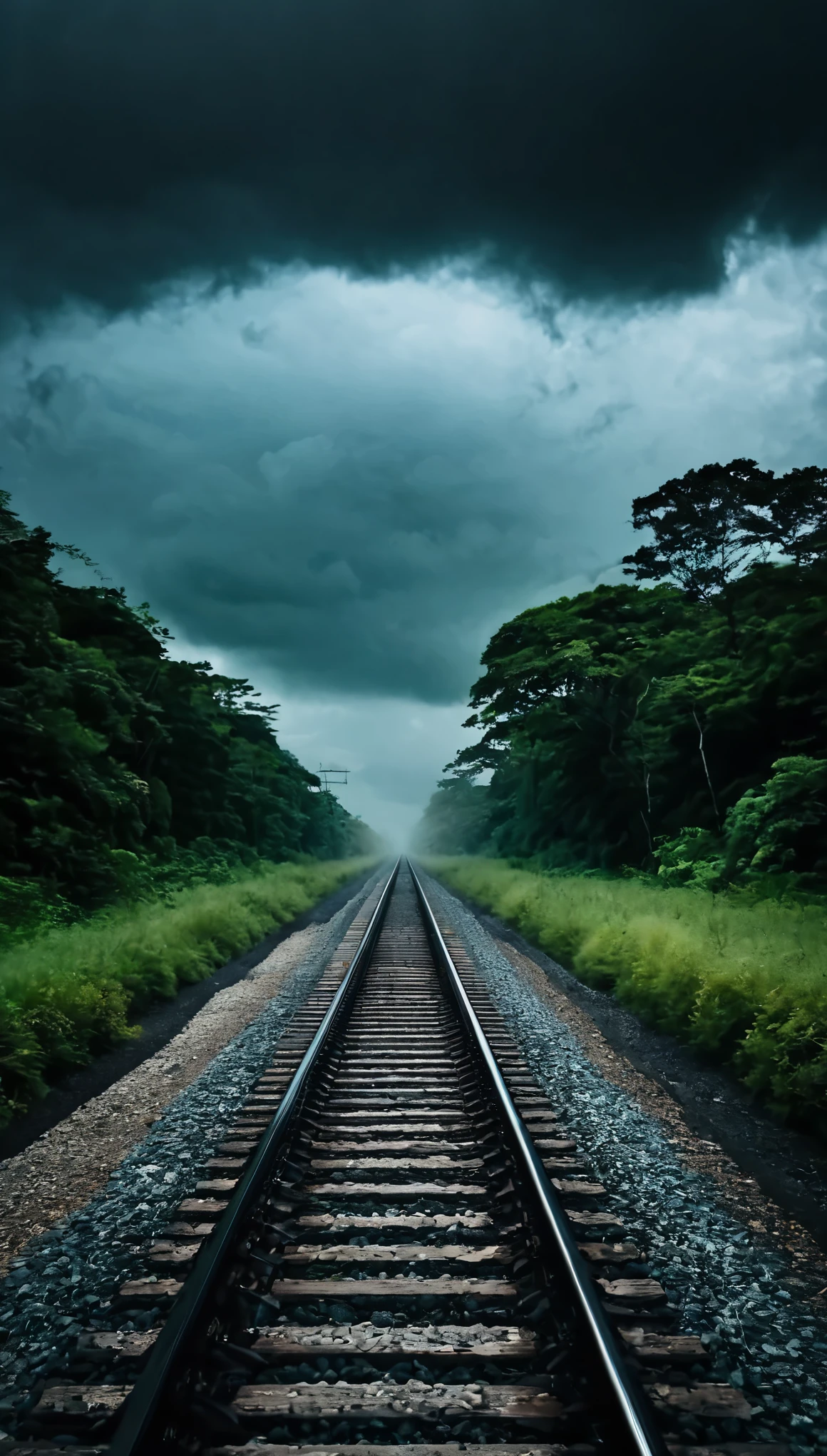 creepy railroad tracks、Spooky、cloudy、horror style、