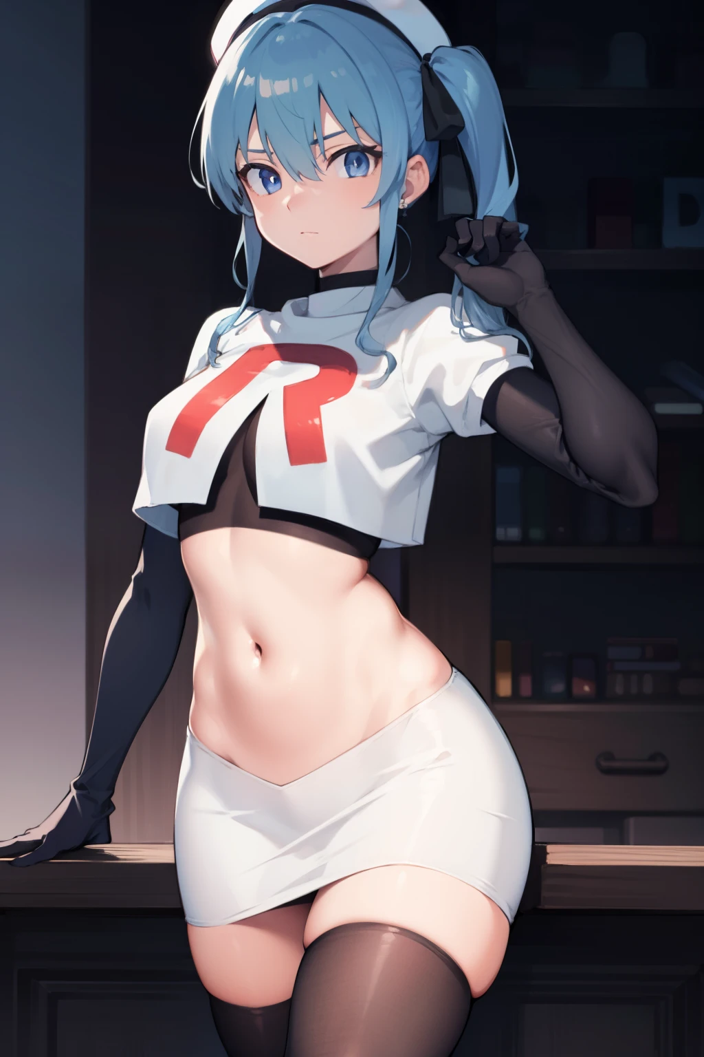 hoshimachisuisei, suisei hoshimachi, blue eyes, blue hair, choker, hair between eyes, medium hair, side ponytail,
BREAK  beret, grey headwear, hat,jewelry, team rocket,team rocket uniform, red letter R, white skirt,white crop top,black thigh-highs,black elbow gloves
BREAK looking at viewer,
BREAK (masterpiece:1.2), best quality, high resolution, unity 8k wallpaper, (illustration:0.8), (beautiful detailed eyes:1.6), extremely detailed face, perfect lighting, extremely detailed CG, (perfect hands, perfect anatomy),