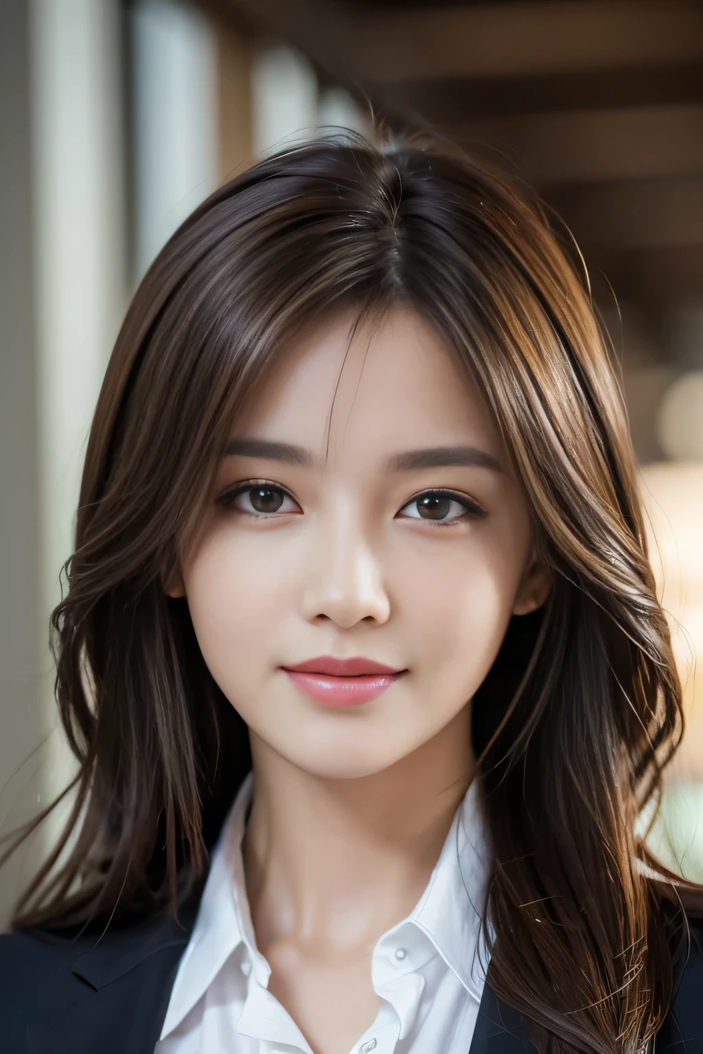 table top, highest quality, realistic, Super detailed, finely, High resolution, 8k wallpaper, 1 beautiful woman,, light brown messy hair, wearing a business suit, sharp focus, perfect dynamic composition, beautiful and detailed eyes, thin hair, Detailed realistic skin texture, smile, close-up portrait, model body shape