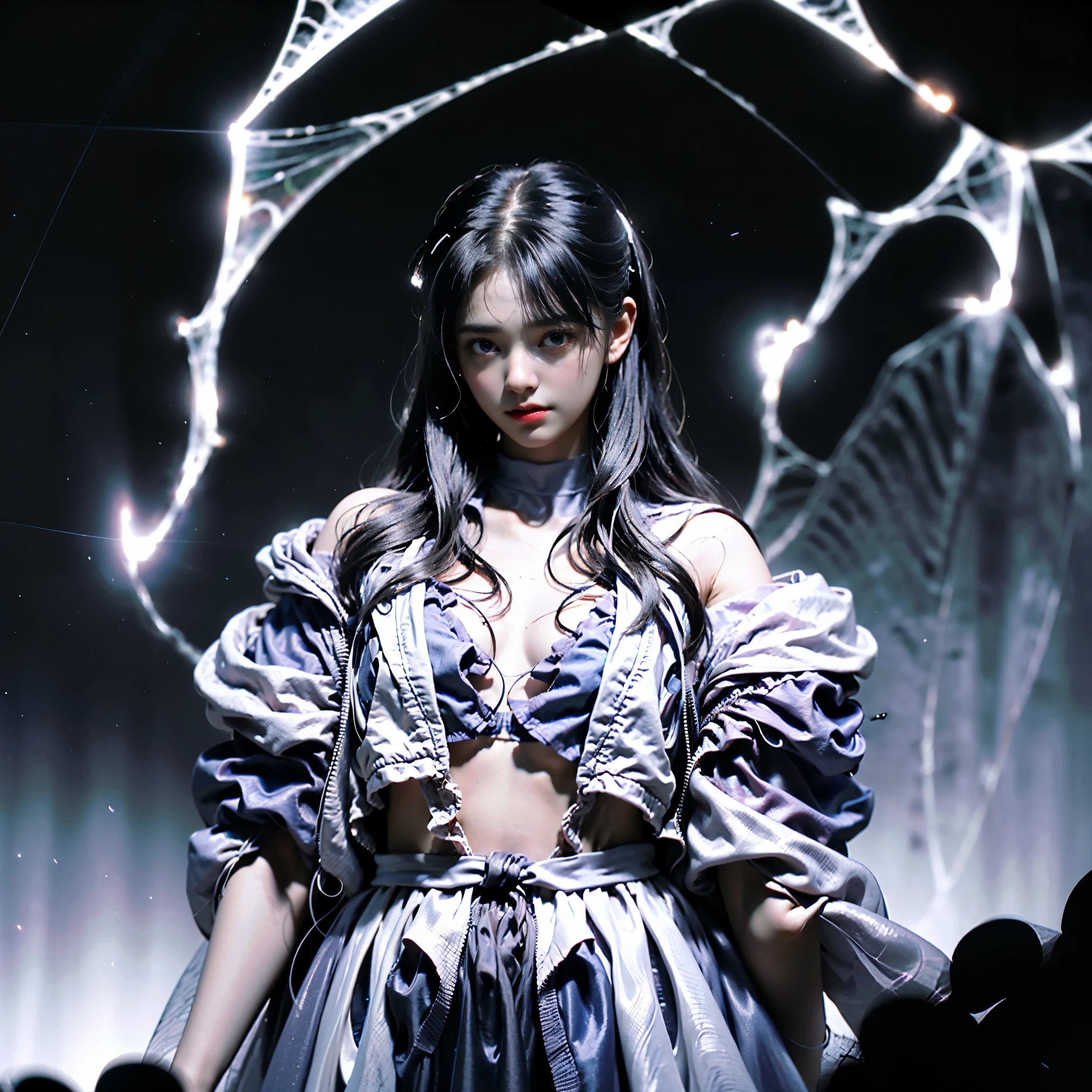 (Burning edge flame effect), Midnight Moonlight, (It's photorealistic: 1.4), Dim undersea volcanic staircase, deep cave, Super high resolution, (It's photorealistic: 1.4), Raw photo, , Butterfly woman with spider webs entangled all over her body, Red spider tattoo on woman's back, ecstatic face, (eyes are black), small breastidi hair), (cloud: 1. 5), Spiders spreading their legs, Large cobwebs, high contrast, dark night, Shadow Area, strobe lighting) soft skin, clean skin, skin texture, (Depth of the bounds written), background light, 35mm, Spiral afterimage, blur (Qianfang, The whole body of the spider, Dim wide chiffon curtain of white spider wrapped like a cocoon, Spiral White Spider Thread, Woman sleeping in a spider web, entangled in threads, The cave is surrounded by a swirl of blue-black smoke, Scenes that are difficult to see: Point line light source, Sweet sensations of the world