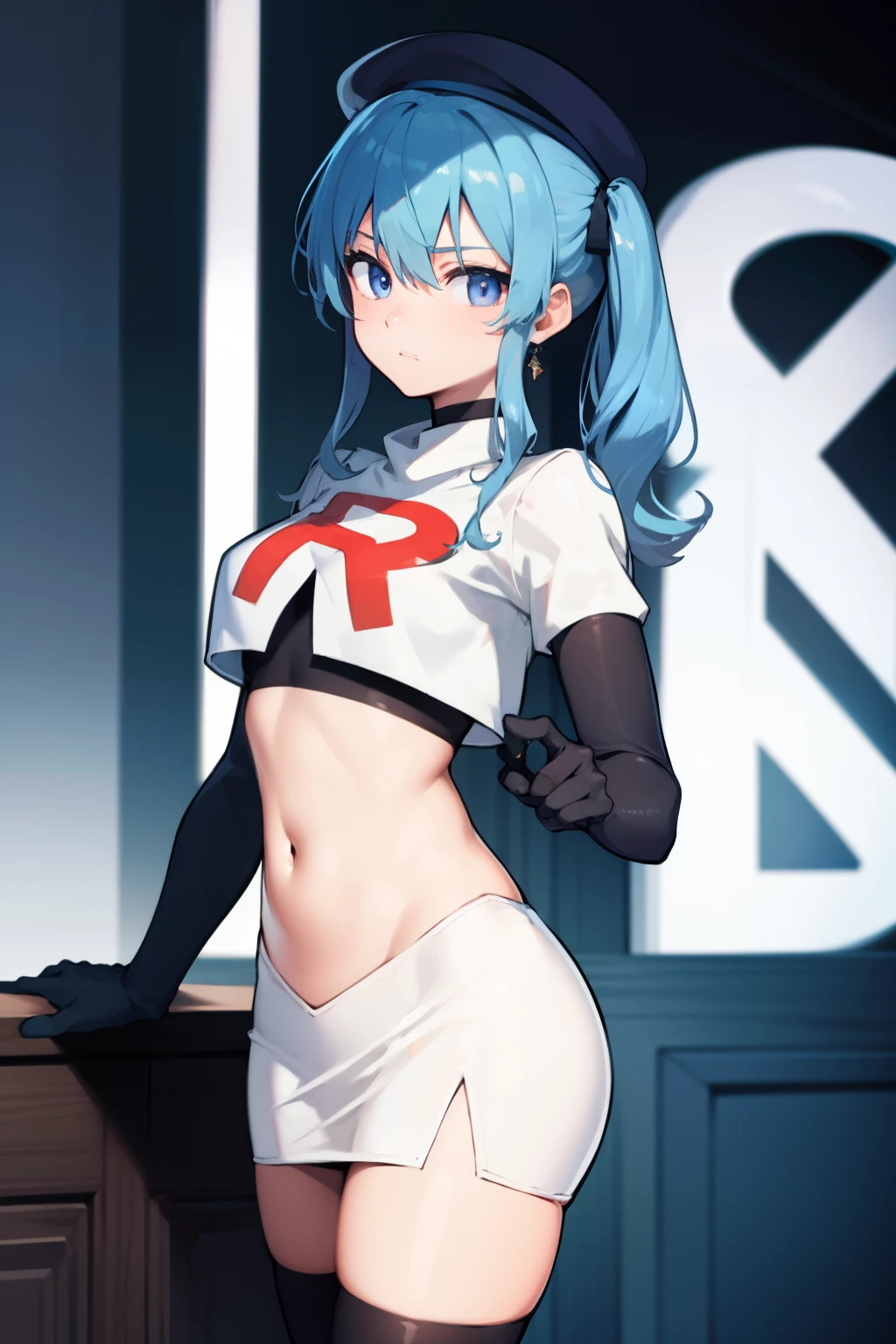 hoshimachisuisei, suisei hoshimachi, blue eyes, blue hair, choker, hair between eyes, medium hair, side ponytail,
BREAK  beret, grey headwear, hat,jewelry, team rocket,team rocket uniform, red letter R, white skirt,white crop top,black thigh-highs,black elbow gloves
BREAK looking at viewer,
BREAK (masterpiece:1.2), best quality, high resolution, unity 8k wallpaper, (illustration:0.8), (beautiful detailed eyes:1.6), extremely detailed face, perfect lighting, extremely detailed CG, (perfect hands, perfect anatomy),