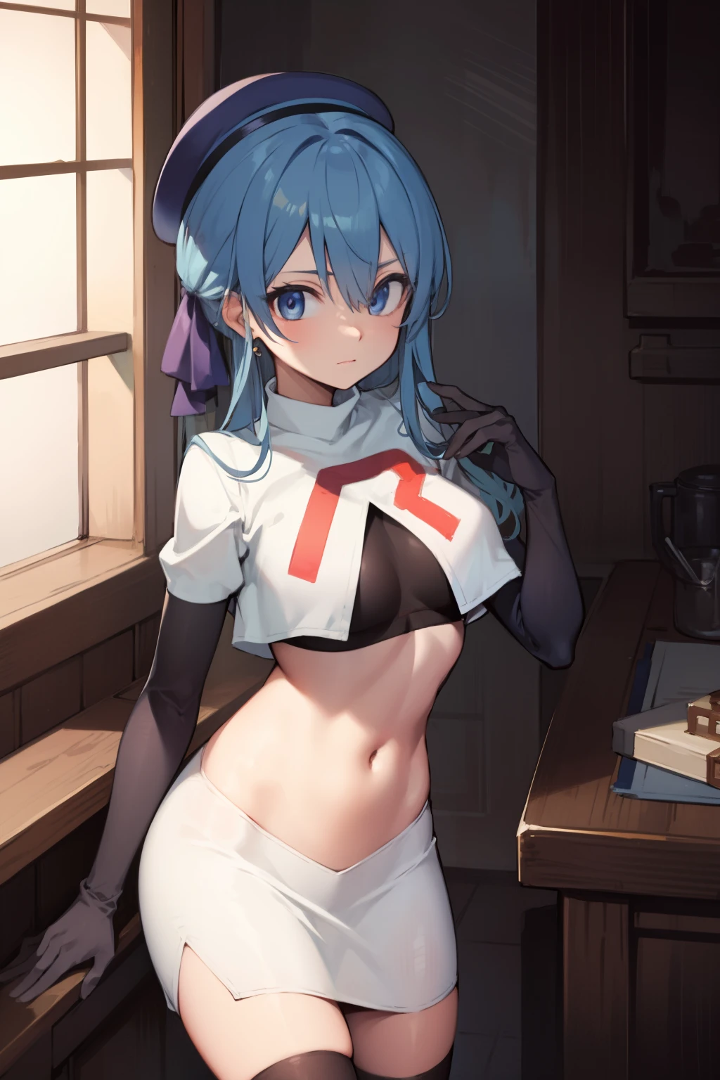 hoshimachisuisei, suisei hoshimachi, blue eyes, blue hair, choker, hair between eyes, medium hair, side ponytail,
BREAK beret, grey headwear, hat,jewelry, team rocket,team rocket uniform, red letter R, white skirt,white crop top,black thigh-highs,black elbow gloves
BREAK looking at viewer,
BREAK (masterpiece:1.2), best quality, high resolution, unity 8k wallpaper, (illustration:0.8), (beautiful detailed eyes:1.6), extremely detailed face, perfect lighting, extremely detailed CG, (perfect hands, perfect anatomy),