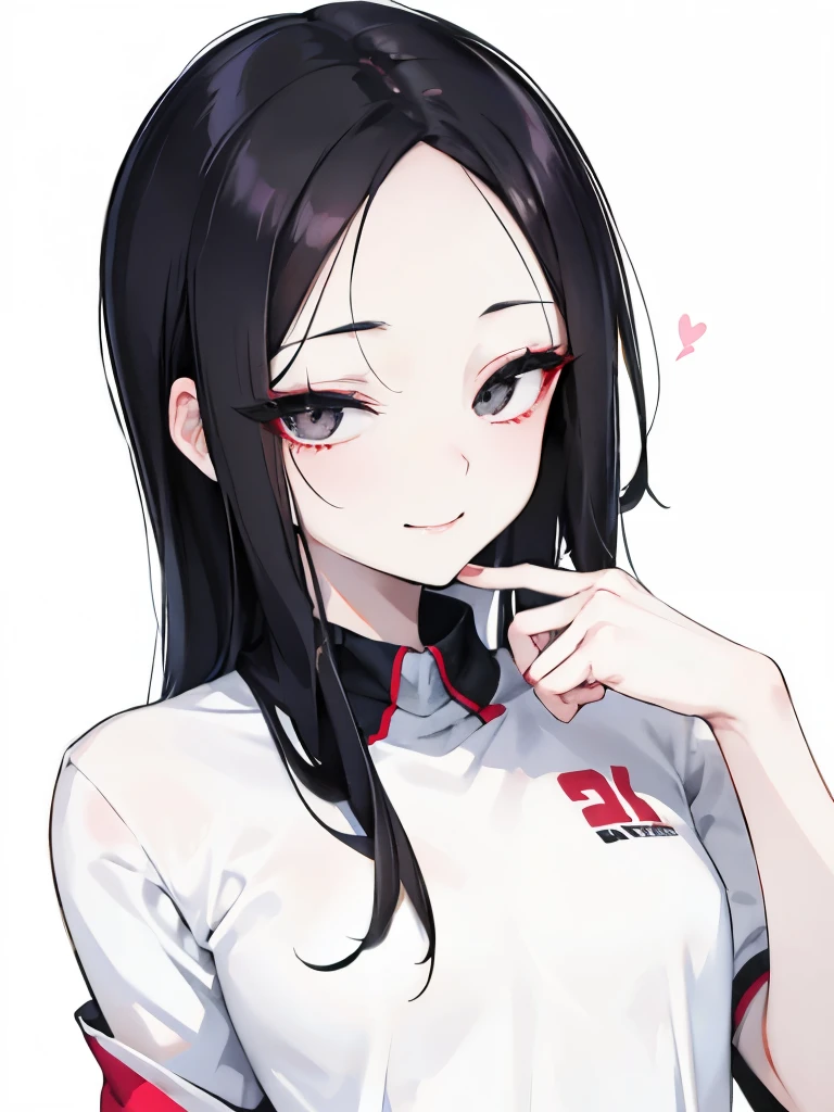 Beautiful woman, white shirt, simple, eye contact, face close-up, asian eyes, asian beauty, pale skin, black hair, dark black eyes, mysterious, half closed eyes, seductive, small eyes, puckering up, smiling, cheeky, flirty, pure, seducing, track team uniform, large forehead, slim