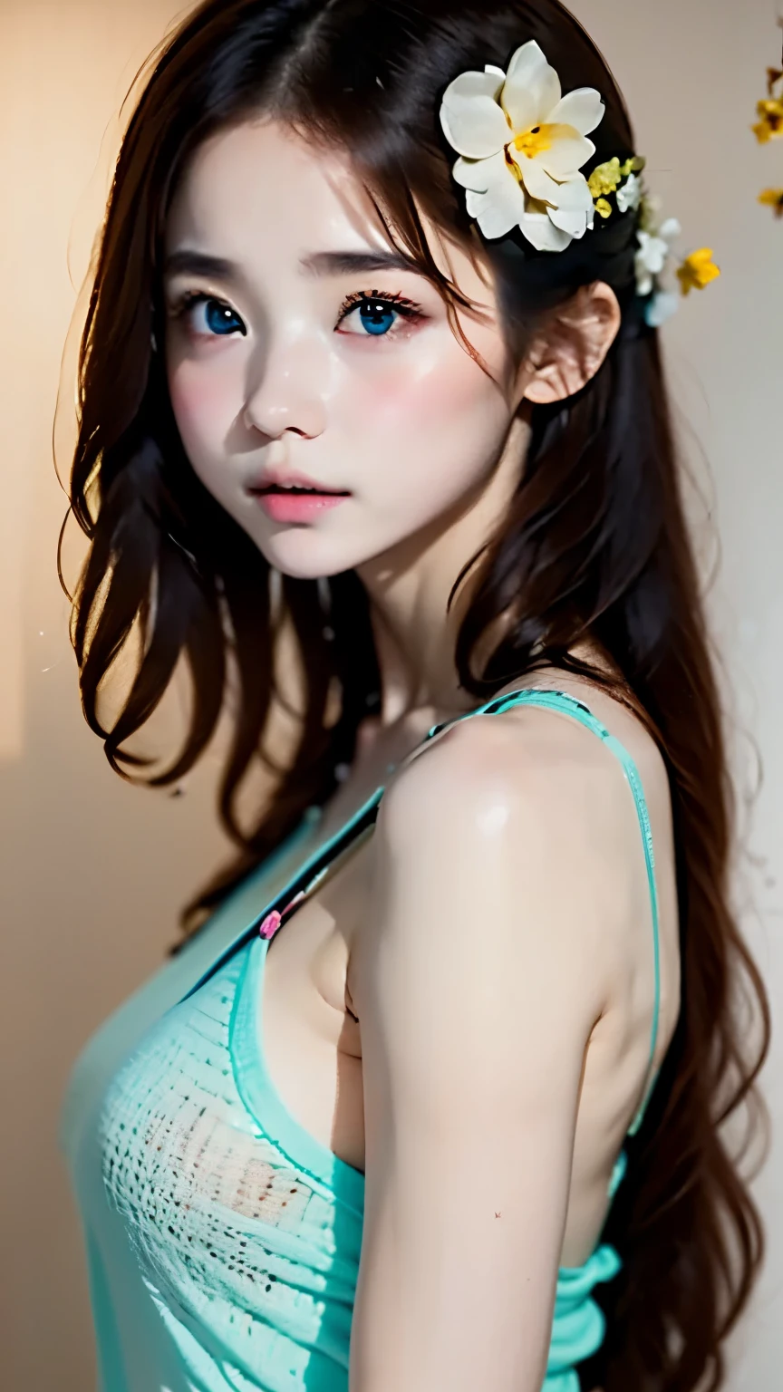 (8k high quality masterpiece, sexy woman 1: 1.3, super detailed face, double eyelids, transparent underwear, open legs), green hair, night, on bed, baby face, smile