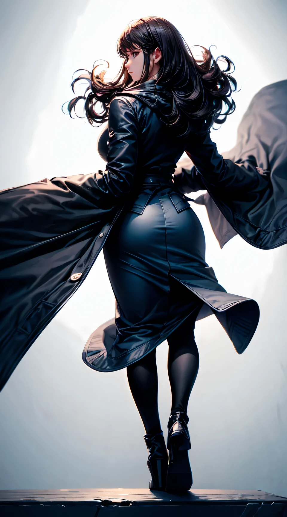 (best quality:1.5, highres, UHD, 4K, detailed lighting, shaders), white wavy hair, large breasts , woman jacket, long coat, (pov), from the back; down to top, full body, white background