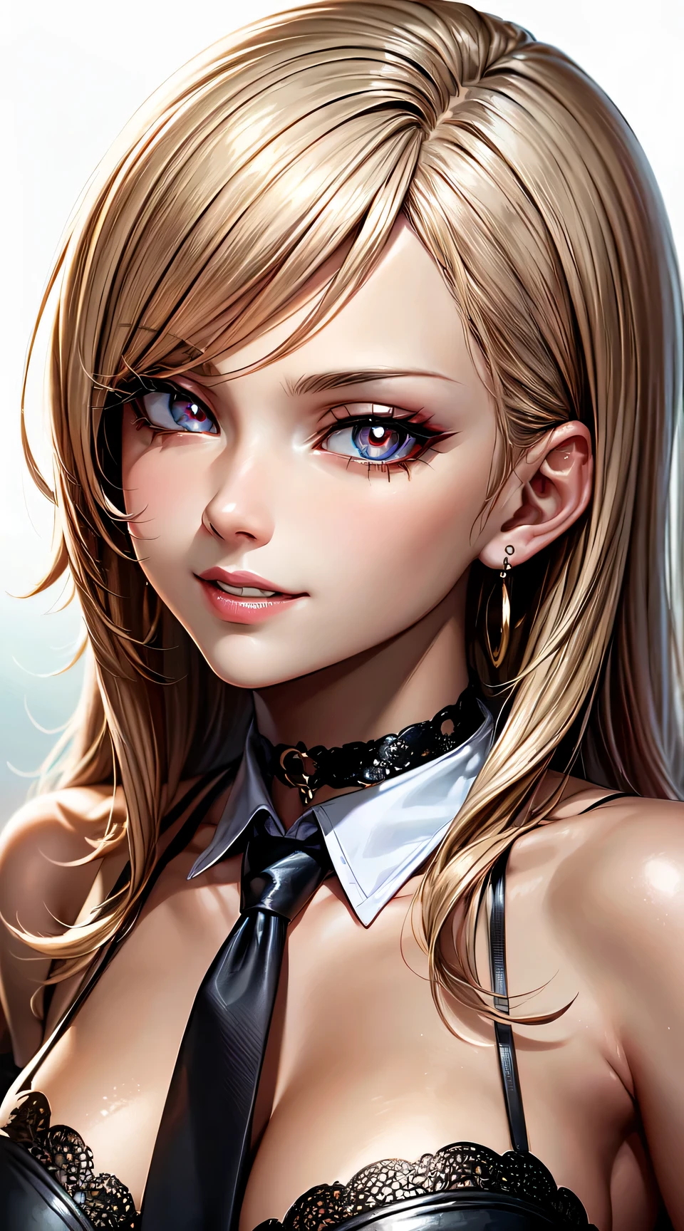 (anime style),masterpiece, best quality, ultra-detailed, glistening shiny, glowing light, ray tracing, HDR, deph of field, (perfect face, detailed face, detailed eyes),(big :1.2),8k,HD,ultra realistic face,ray tracing,perfect lighting,best quality, ultra-detailed, shiny eyes, (looking at viewer,sensual smile kiss:1.1), ((1girl)), (gyaru, mature female:1.4),hourglass_body shape, marin,long hair,((brown gradient hair)),multicolored eyes, gradient eyes, (glowing eyes:1.1), (fashion make up), parted lips, maid clothes, earrings, necktie, choker, grin, bracelet, plaid,black choker, piercing, ear piercing, bright pupils, bead bracelet,white background
