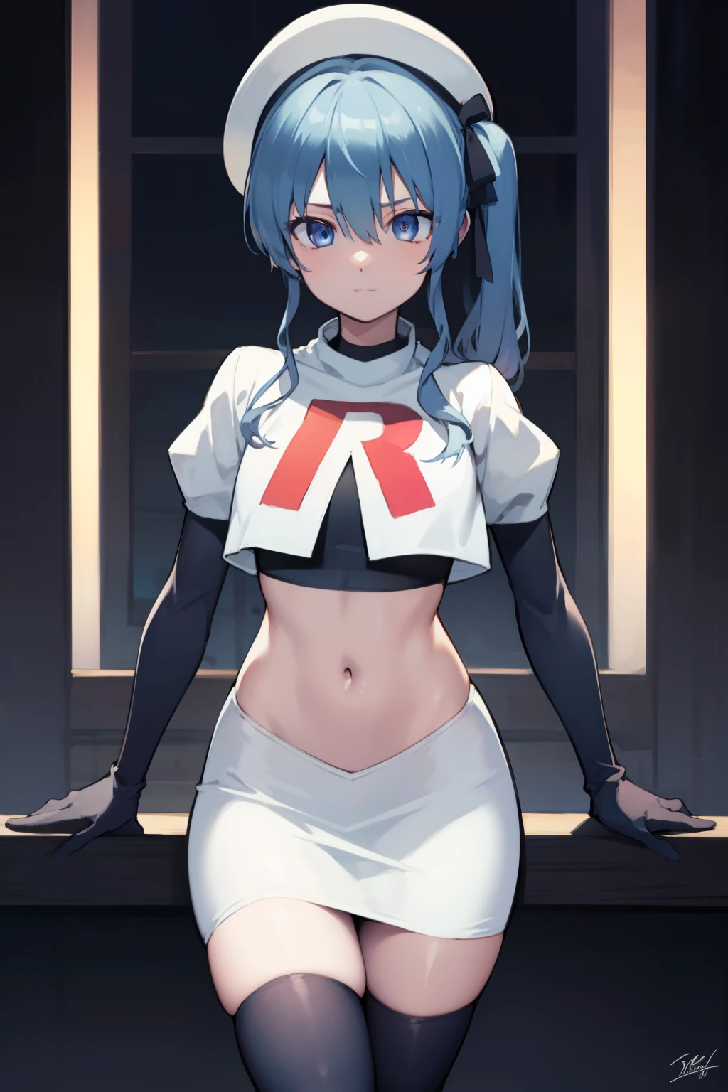 hoshimachisuisei, suisei hoshimachi, blue eyes, blue hair, choker, hair between eyes, medium hair, side ponytail,
BREAK  beret, grey headwear, hat,jewelry, team rocket,team rocket uniform, red letter R, white skirt,white crop top,black thigh-highs,black elbow gloves
BREAK looking at viewer,
BREAK (masterpiece:1.2), best quality, high resolution, unity 8k wallpaper, (illustration:0.8), (beautiful detailed eyes:1.6), extremely detailed face, perfect lighting, extremely detailed CG, (perfect hands, perfect anatomy),