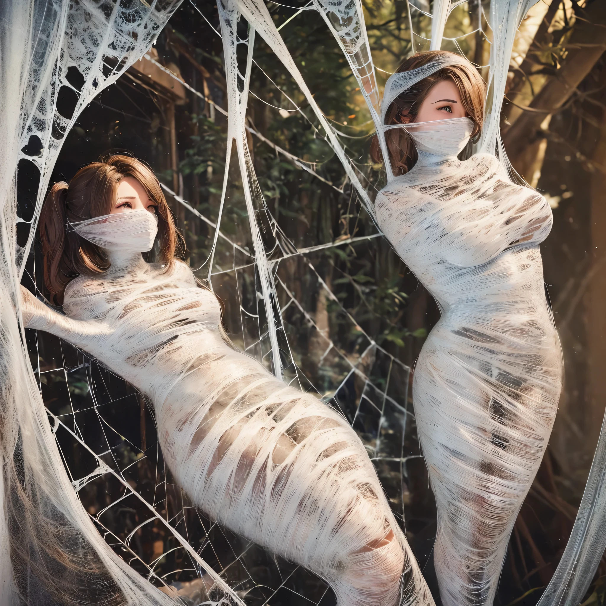 a girl entangled in the spider web, struggle, detailed classroom, (cocoon:1.3), spider web, hanging, spider in the web, spider
