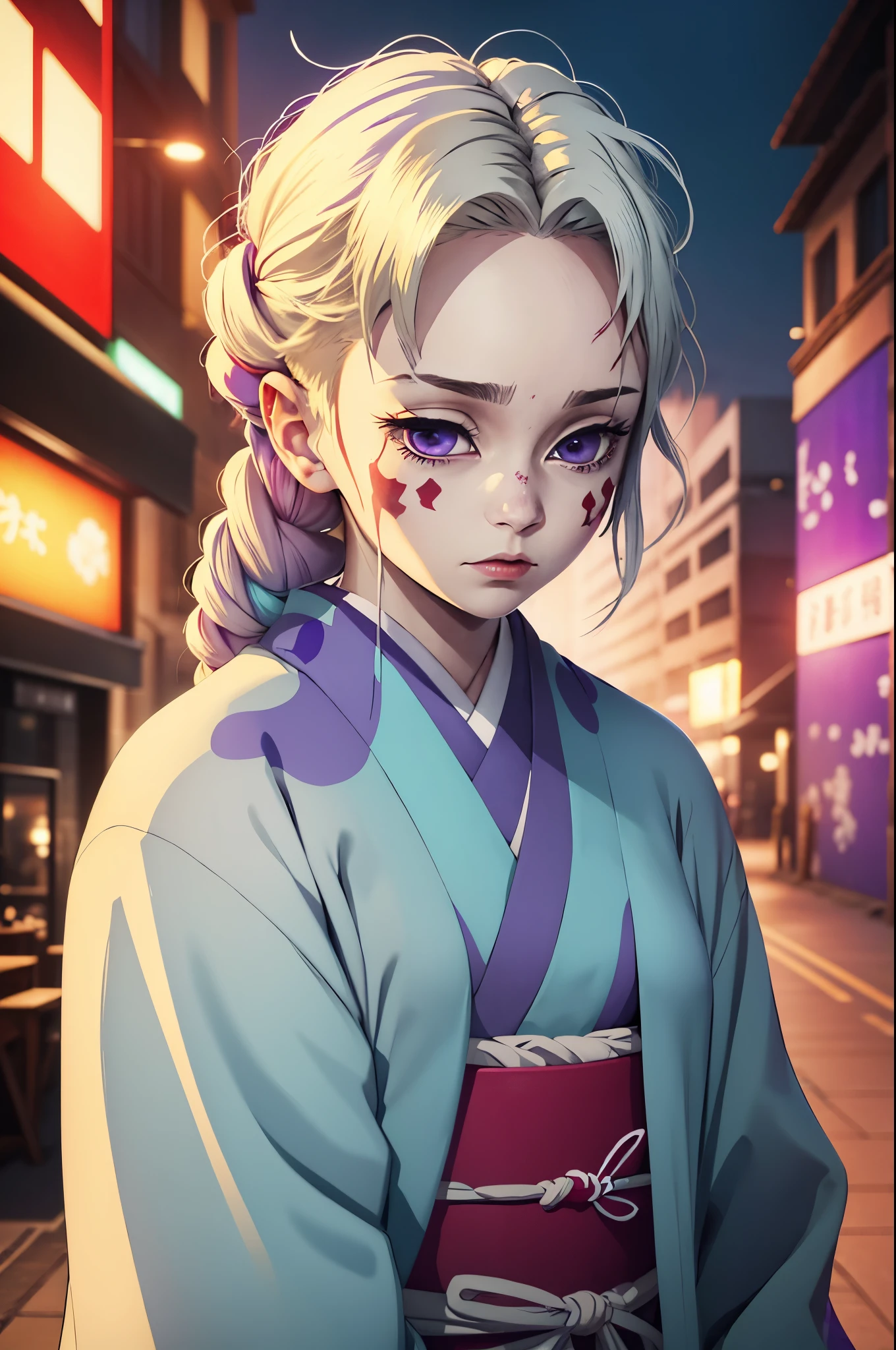 Woman, Tied Blonde Hair, Her eye colour is gray, Cyan and Purple Kimono, Red Marks on her Face, Red Marks on Face, Slayer Mark, City background.