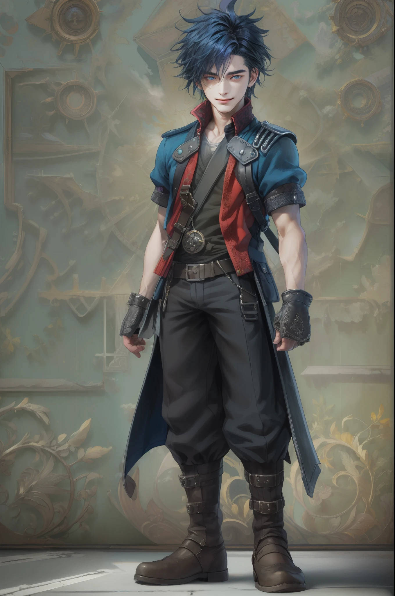 ((absurdres, highres, ultra detailed, perfect face), 1 boy , front view, young boy, handsome boy villain character from Final Fantasy VII, short hair, anime eyes, celestial clothes with colorful details,  eyes on the viewer, add red details to picture and smirk, dimples, extremely detailed CG unity 8k wallpaper, add blue details on side, intricate details and add yellow details on left, town background, detailed houses town scenery window background, tim burton style theme