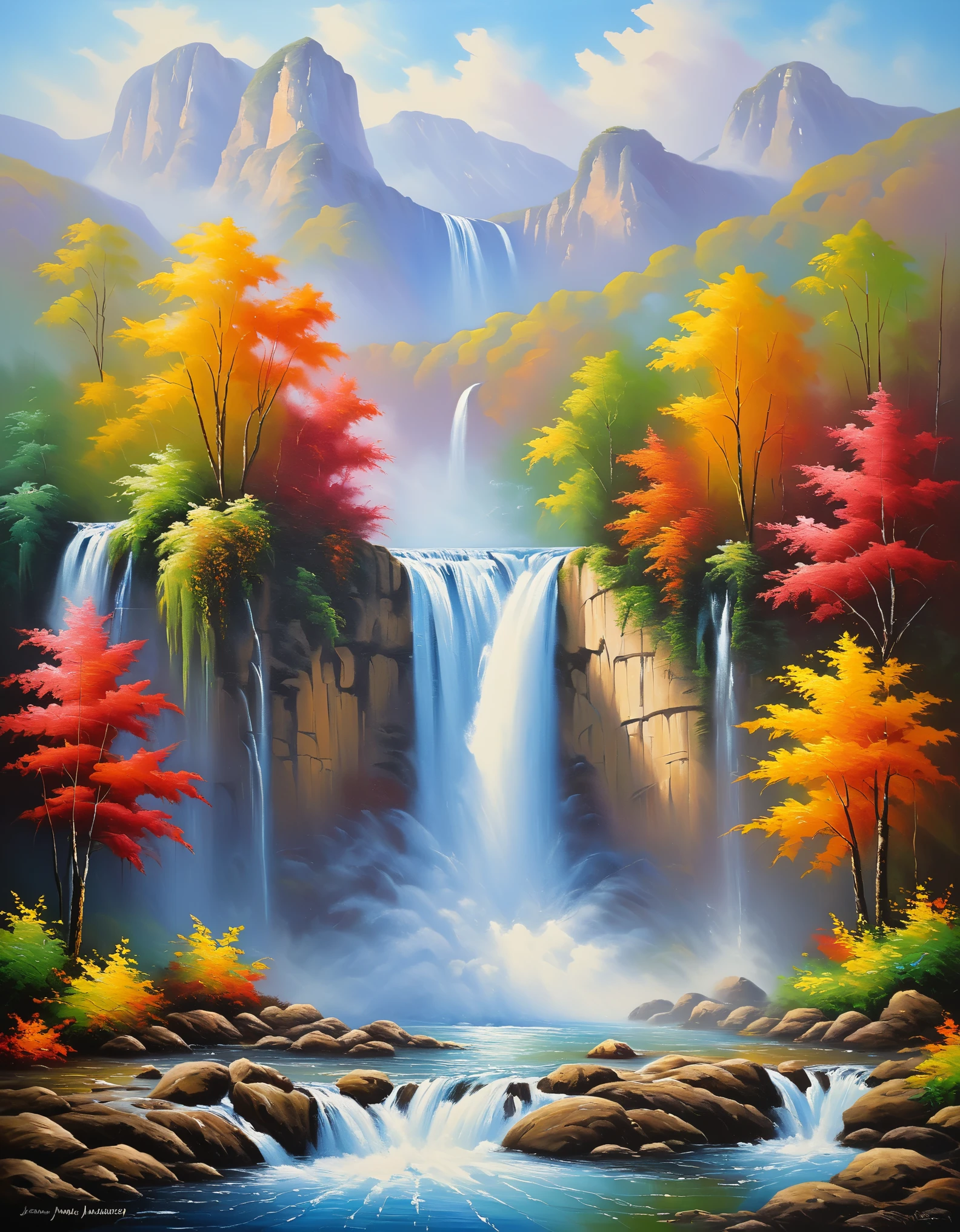 ((majestic waterfalls:1.5)), create it like a professional oil painter, beautiful vivid colors, best quality, (oil technique:1.4), (Jean Marc Janiaczyk painter style:1.4), masterpiece,