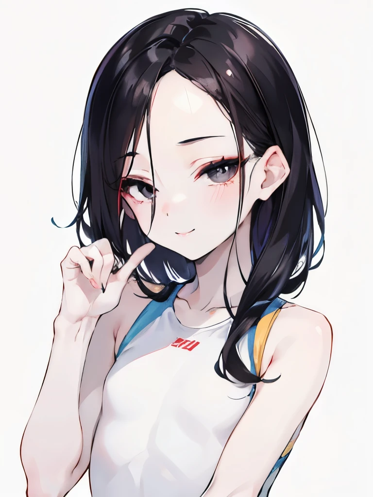 Beautiful woman, white shirt, simple, eye contact, face close-up, asian eyes, asian beauty, pale skin, black hair, dark black eyes, mysterious, half closed eyes, seductive, small eyes, puckering up, smiling, cheeky, flirty, pure, seducing, track team uniform, large forehead, slim, head to thighs, flat