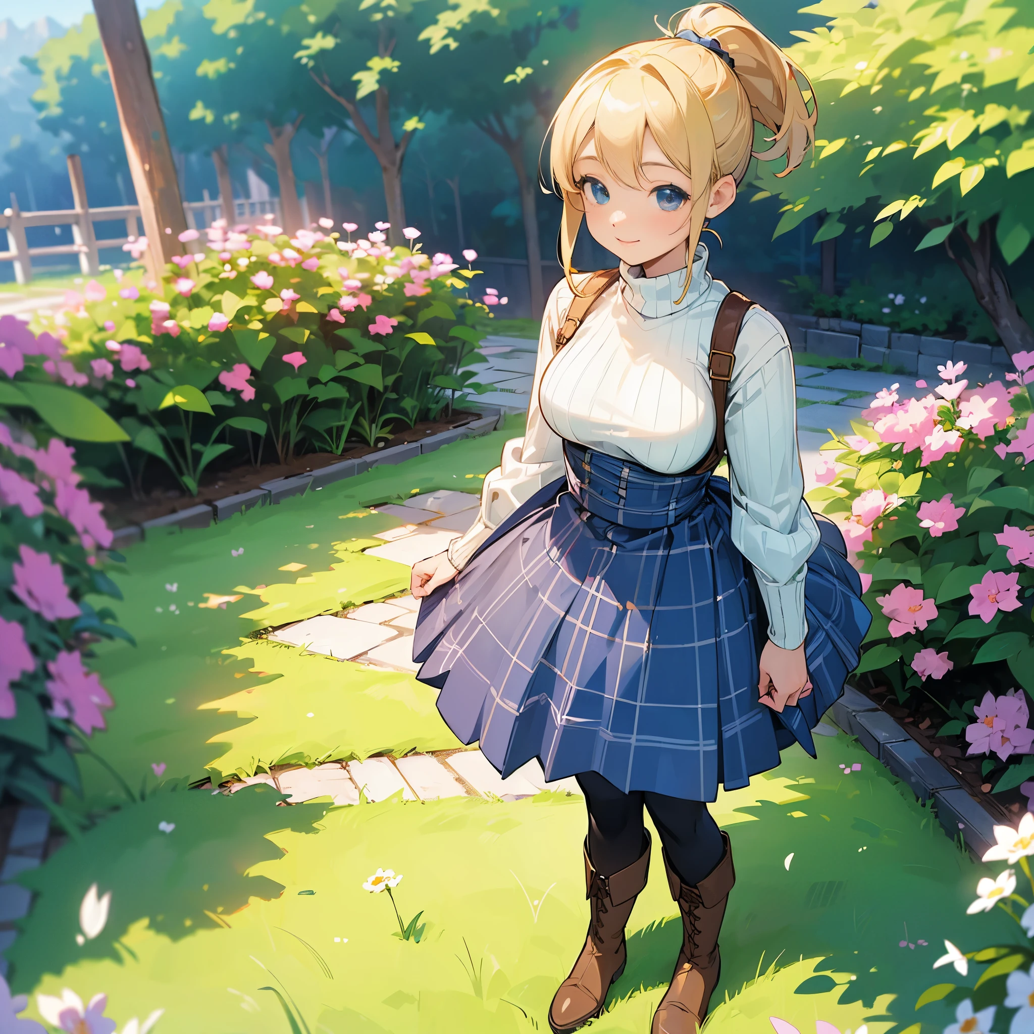 (high quality, High resolution, Super detailed, reality:1.37), peaceful atmosphere, (outdoors, garden), teenage girl standing alone, (my breasts are big.), Beautiful detail features, cute smile, (blonde ponytail), ribbed sweater, blue plaid skirt, black tights, brown boots.