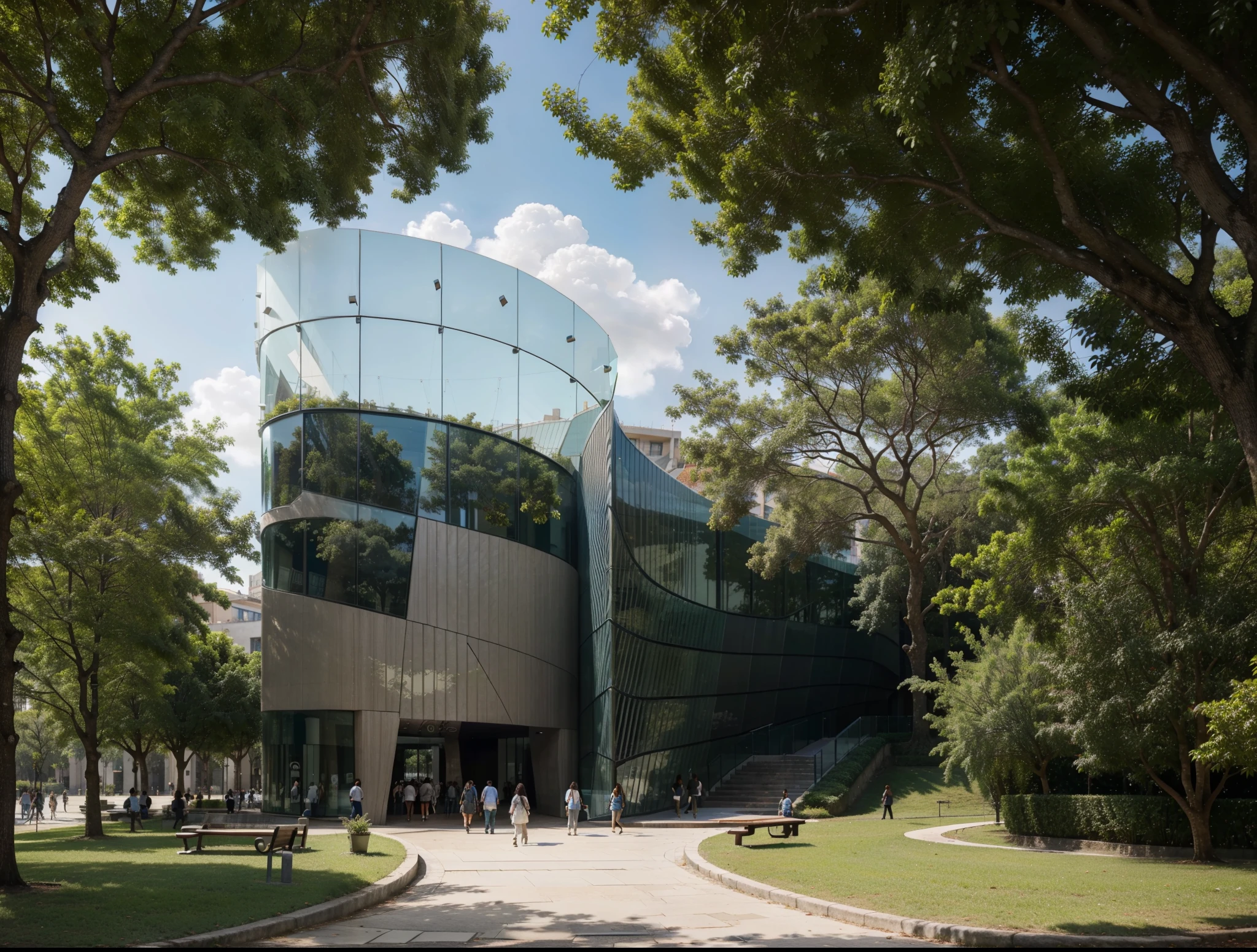 um close up de um museu, with organic and soft shapes, com fachadas de vidro. it is situated in a square with trees and benches and we can see people walking towards the entrance.