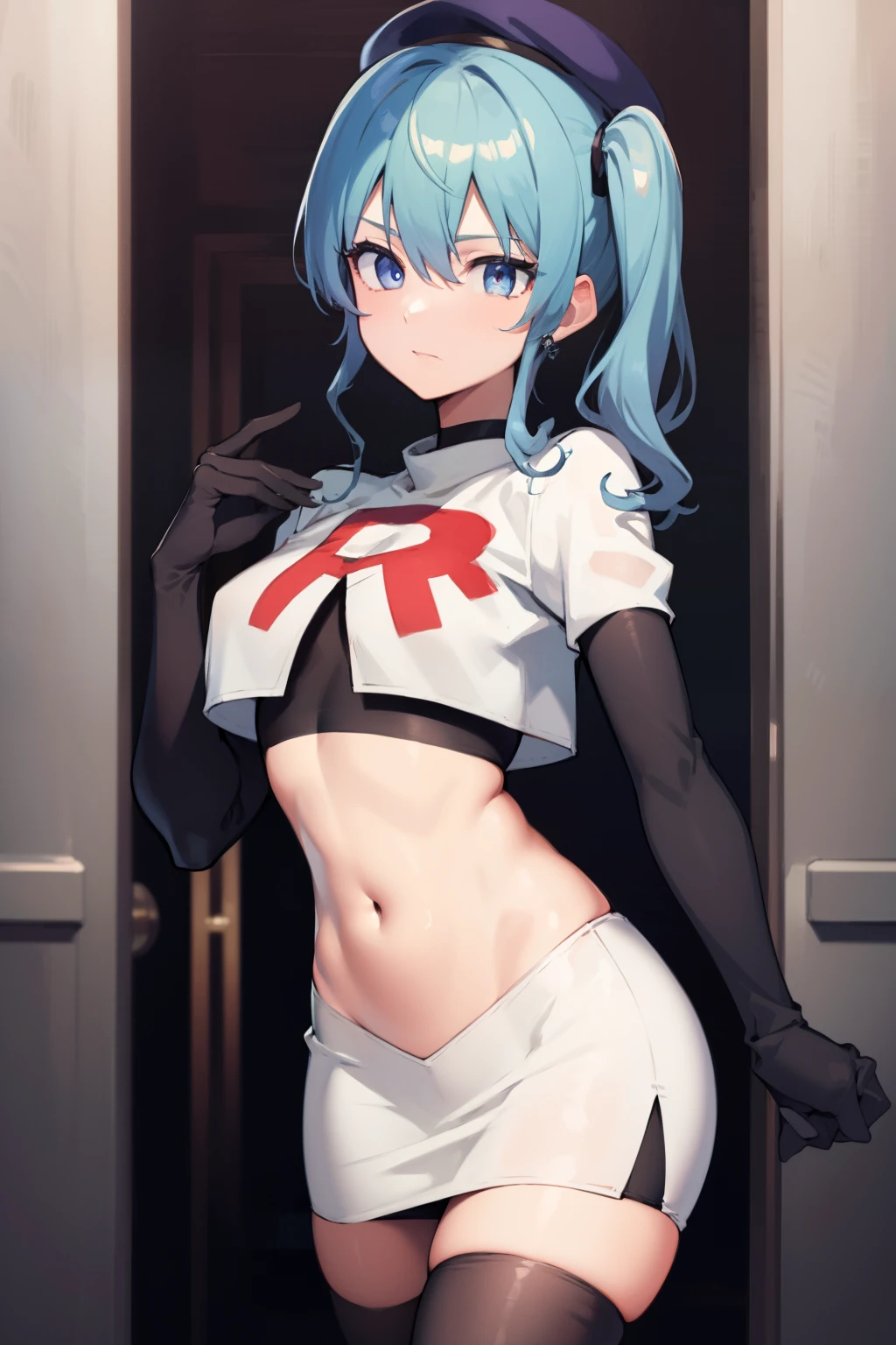 hoshimachisuisei, suisei hoshimachi, blue eyes, blue hair, choker, hair between eyes, medium hair, side ponytail,
BREAK beret, grey headwear, hat,jewelry, team rocket,team rocket uniform, red letter R, white skirt,white crop top,black thigh-highs,black elbow gloves
BREAK looking at viewer,
BREAK (masterpiece:1.2), best quality, high resolution, unity 8k wallpaper, (illustration:0.8), (beautiful detailed eyes:1.6), extremely detailed face, perfect lighting, extremely detailed CG, (perfect hands, perfect anatomy),