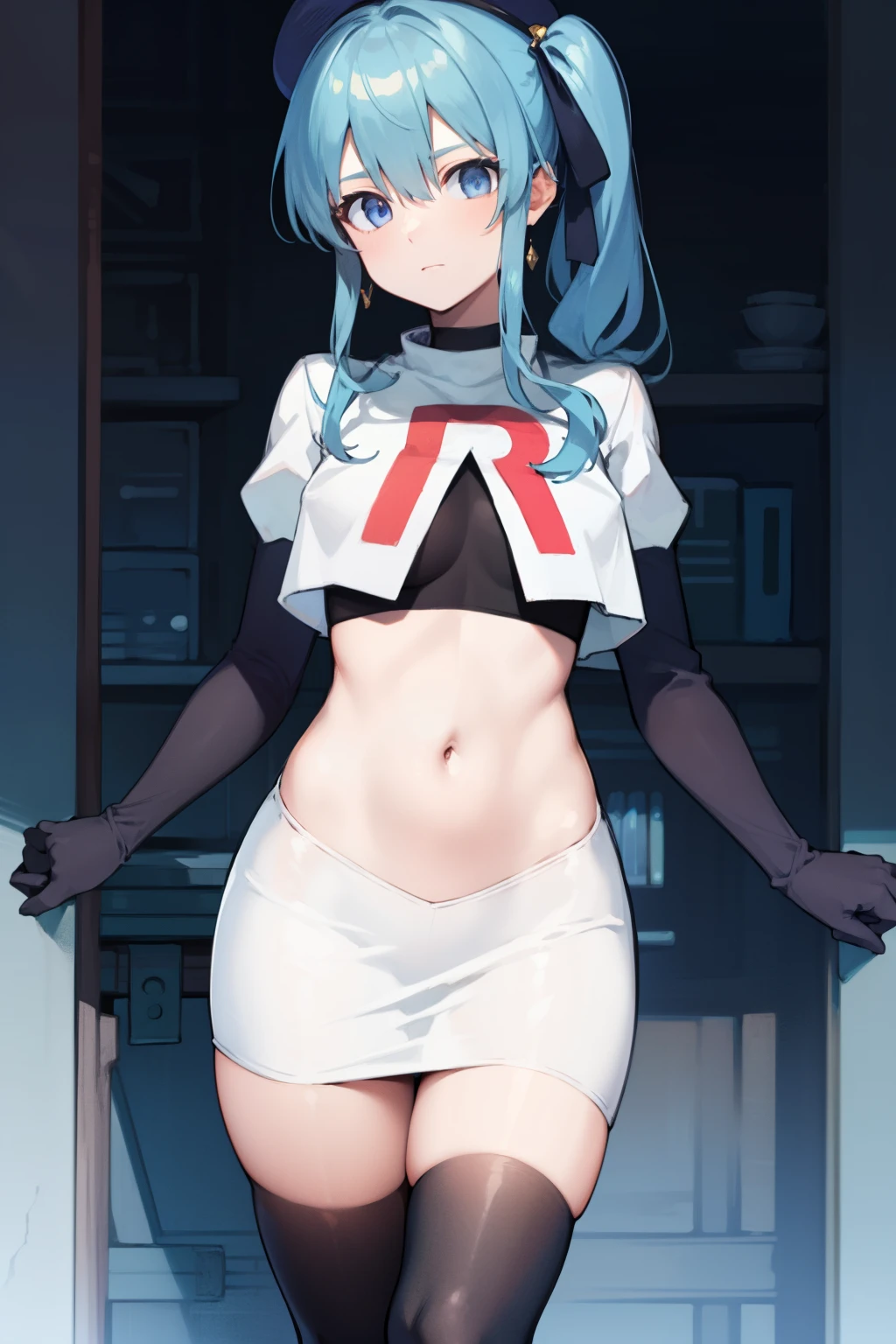 hoshimachisuisei, suisei hoshimachi, blue eyes, blue hair, choker, hair between eyes, medium hair, side ponytail,
BREAK  beret, grey headwear, hat,jewelry, team rocket,team rocket uniform, red letter R, white skirt,white crop top,black thigh-highs,black elbow gloves
BREAK looking at viewer,
BREAK (masterpiece:1.2), best quality, high resolution, unity 8k wallpaper, (illustration:0.8), (beautiful detailed eyes:1.6), extremely detailed face, perfect lighting, extremely detailed CG, (perfect hands, perfect anatomy),