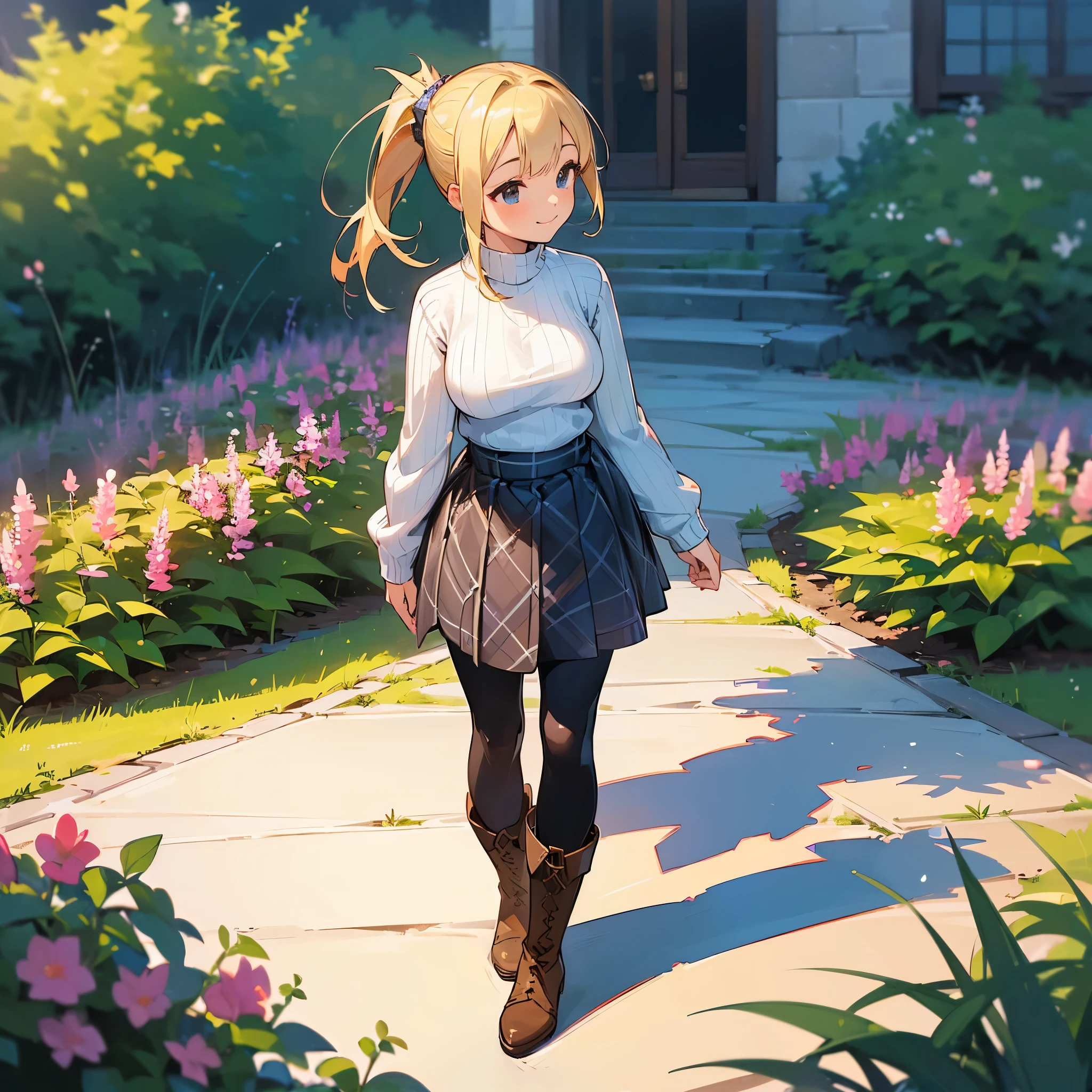 (high quality, High resolution, Super detailed, reality:1.37), peaceful atmosphere, (outdoors, garden), teenage girl standing alone, (my breasts are big.), Beautiful detail features, cute smile, (blonde ponytail), ribbed sweater, blue plaid skirt, black tights, brown boots.