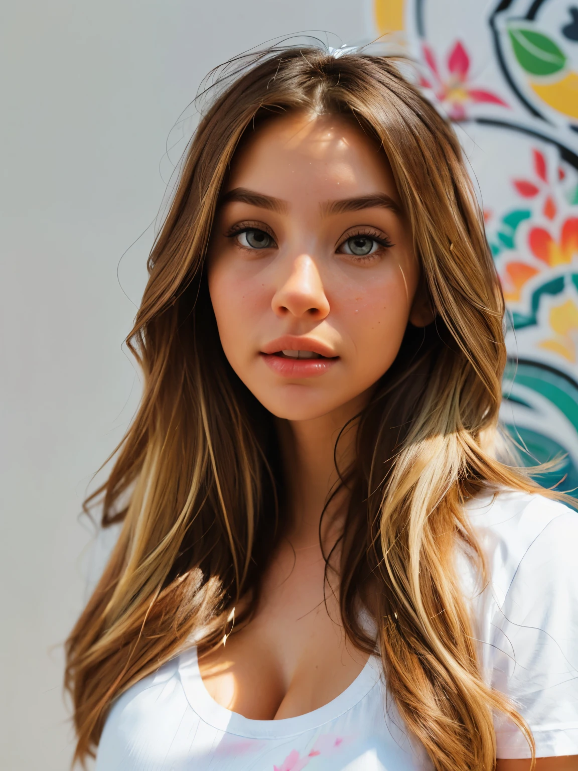:: background, mixed-language_text, Japanese letters in graffit, emily sears beautiful woman, long gradient blonde hair, excellent lighting, sidelighting, perfect ultimate (flat color: 1.3), beautiful, perfect and detailed, ultra detailed, clothes with floral designs,and colors of light pink, black, white and gray, with open mouth, immersive effects, hover effect, graphite style background with vibrant colors "ultra HDR" detailed and with focus effect, with black all star converse sneakerasterpiece: 1.2, best quality), (finely detailed beautiful eyes: 1.2),extremely detailed, depth of field,shot with Canon EOS,lens 135mm f1.8,portrait of [x] focus effect((1Girl Sofia Vergara Beautiful Woman )),long, straight hair and gradient blonde,with a natural shine ((Solo)), (Green eyes:1.4), (Finely detailed eyes and detailed face:1.3), ), (With ultra detailed jeans and a white t-shirt with full ultra detailed floral print:1.3), (Beautiful and clear background:1.2), (CG extremely detailed, Ultra-detailed, Best Shadow:1.1),((Depth of field and blur)), ((Watercolor)), Large breasts, Bare shoulders, Flowers and petals, Beautiful conceptual illustration , (white background:0.5), (Illustration :1.1), (extremely thin and beautiful: 1.1), (perfect details:  1.1) Graffiti style background, freedom, soul, digital illustration, perfect anatomy, centered,